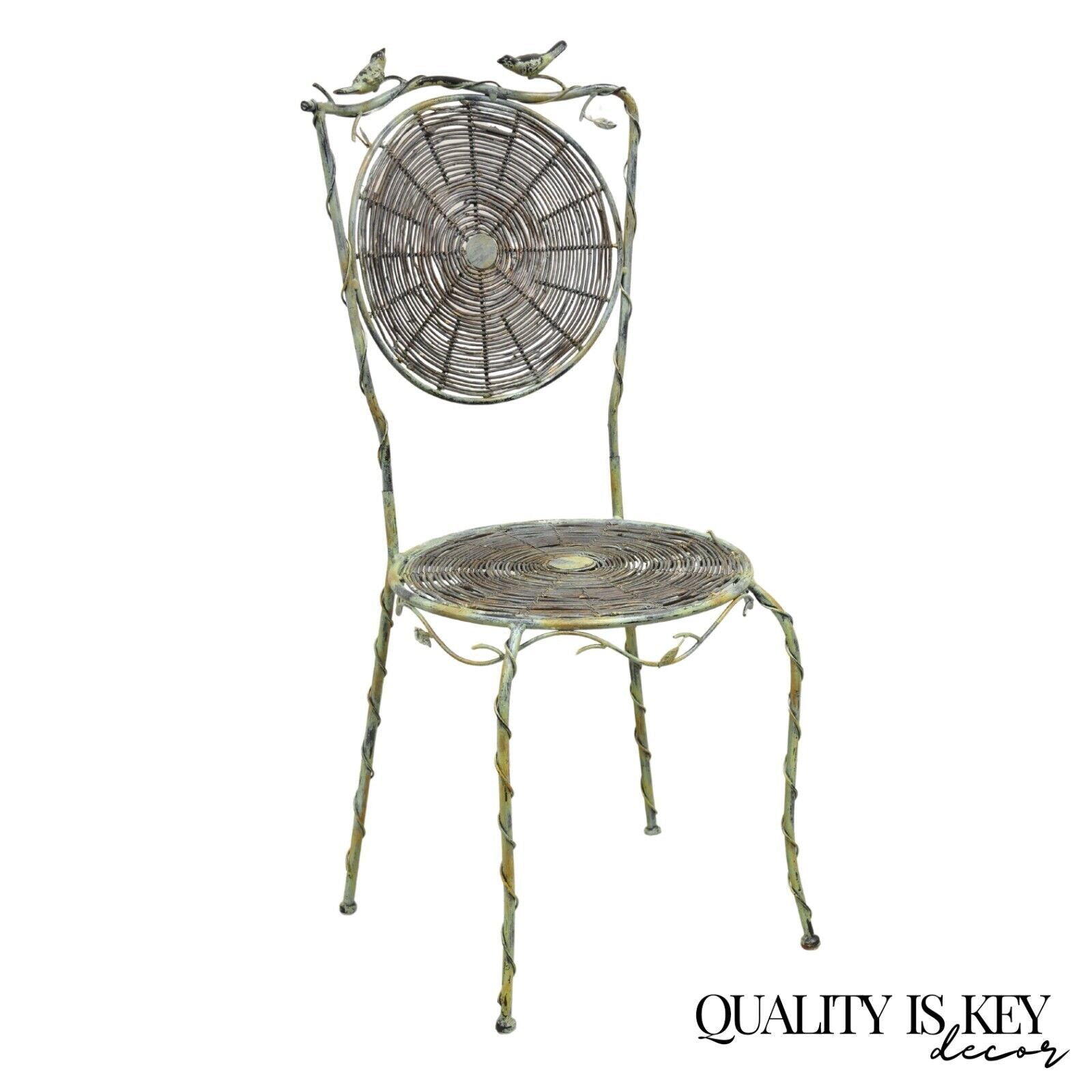 French Country Style Iron and Wood Reed Green Bistro Side Chair with Birds