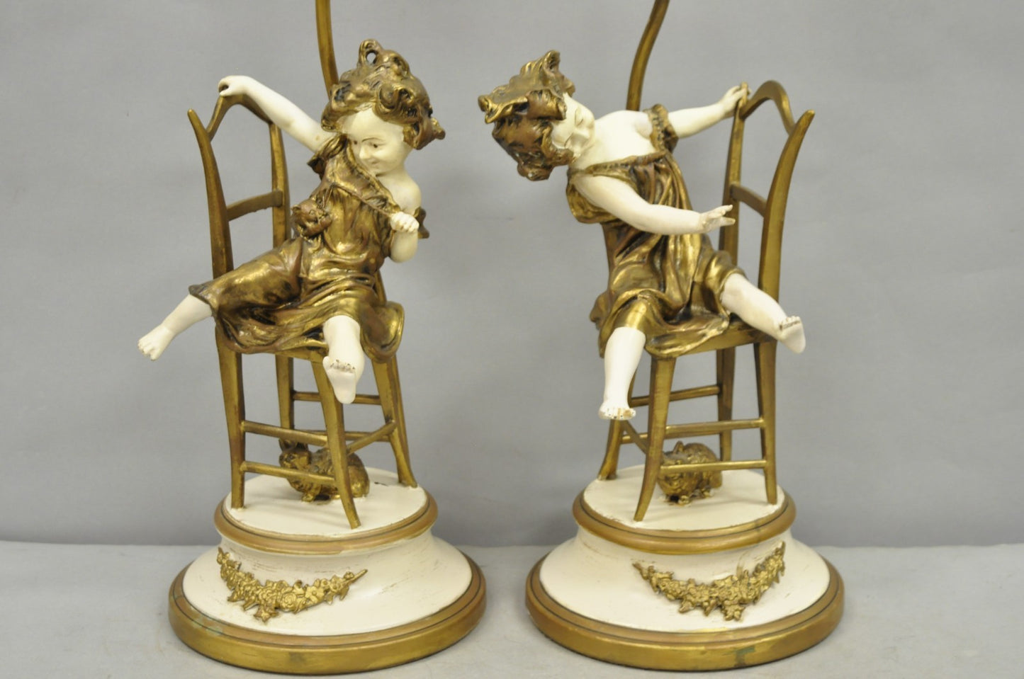 Juan Clara "Girl on Chair Playing with Kittens" Metal Figural Table Lamps - Pair