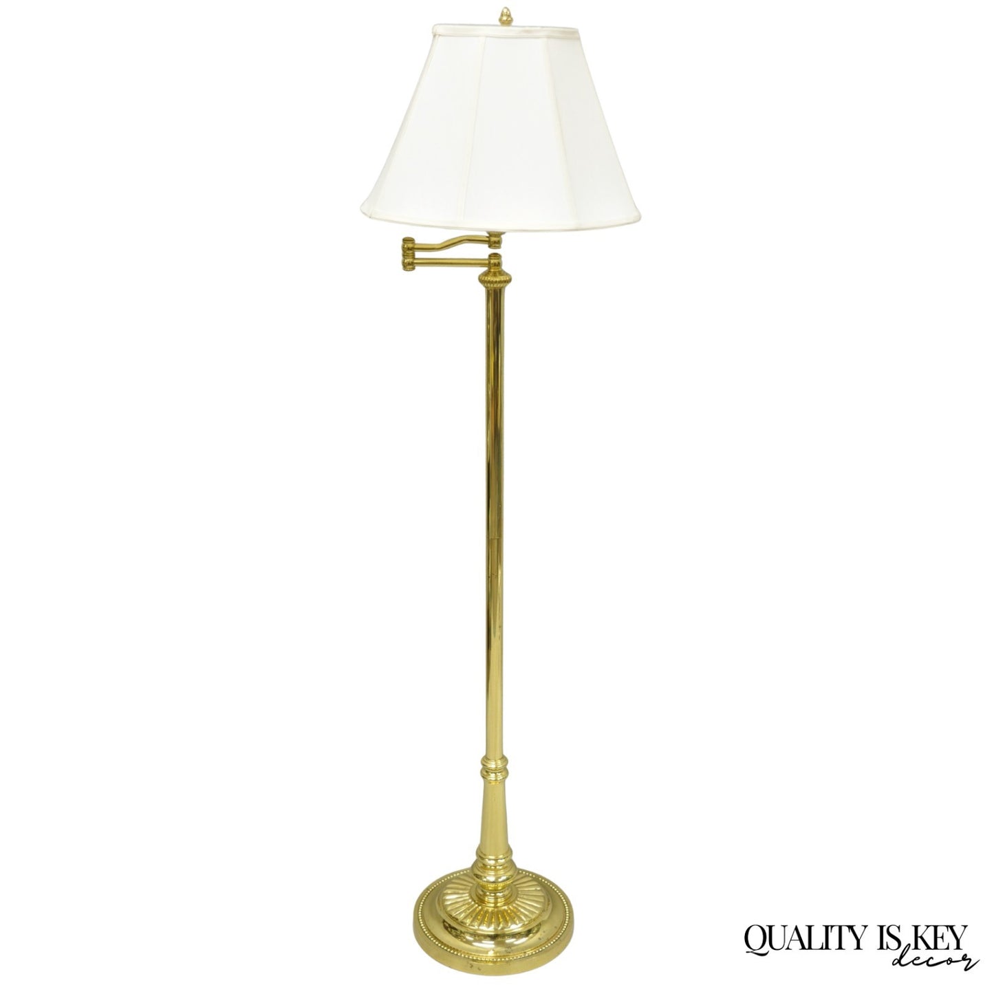Vintage Traditional Polished Brass Swing Arm Reading Pole Floor Lamp w/ Shade