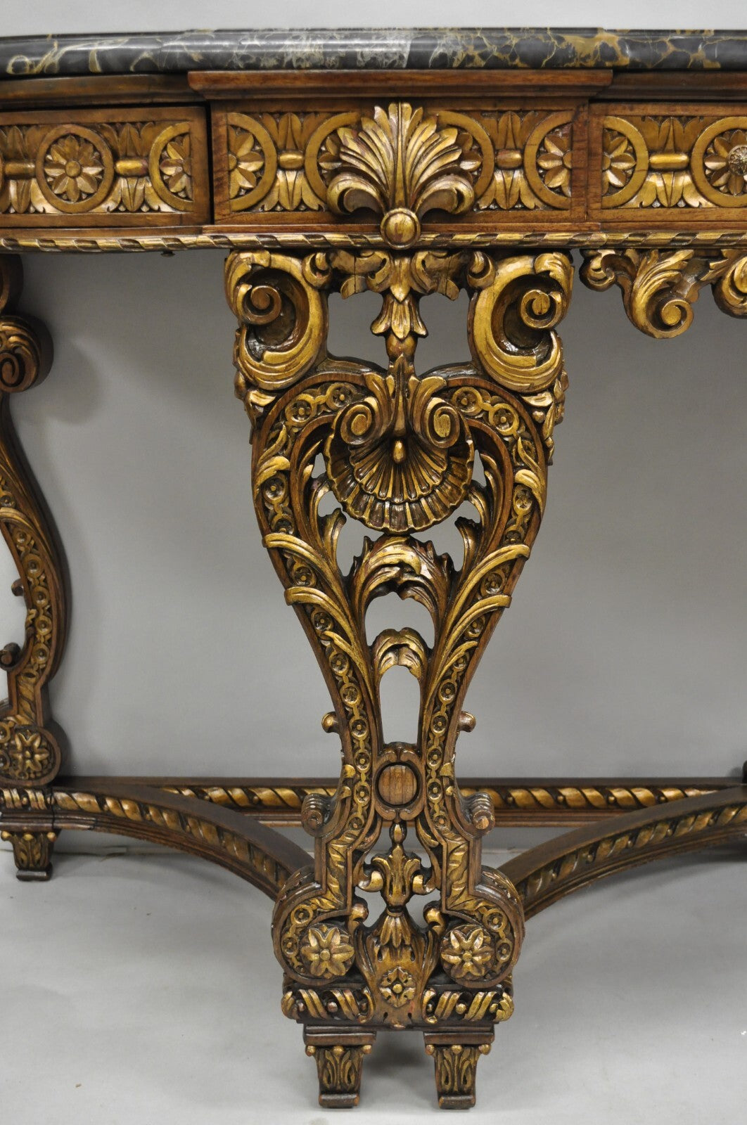 Antique French Baroque Rococo Carved Walnut Marble Top Sideboard Buffet w Drawer