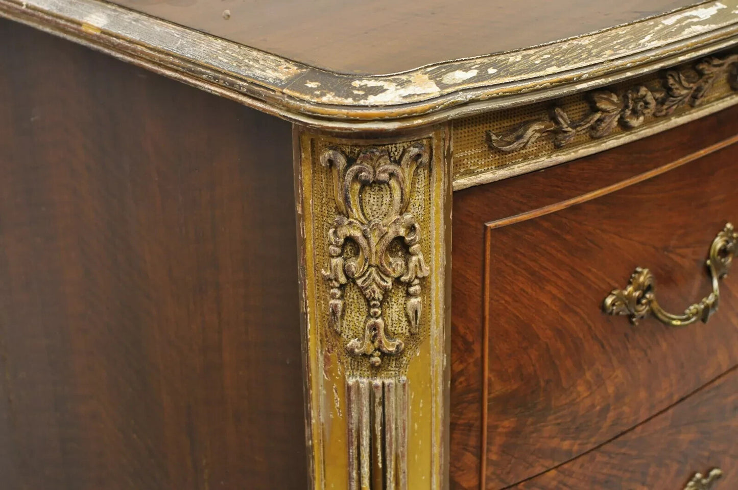 Antique French Louis XV Floral Satinwood Inlay Mahogany Chest Dresser & Mirror