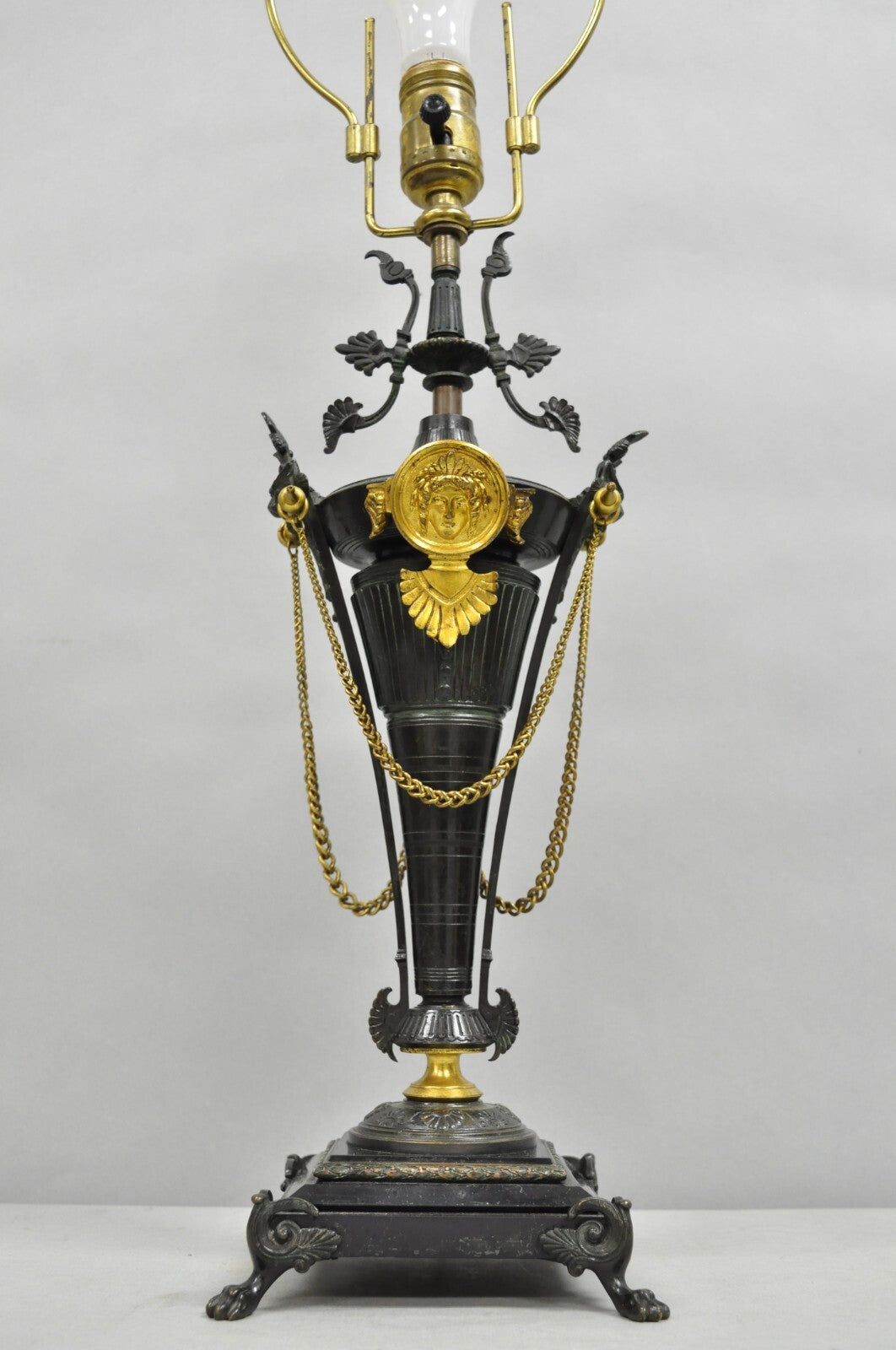 Antique French Empire Neoclassical Bronze & Marble Small Figural Table Lamp
