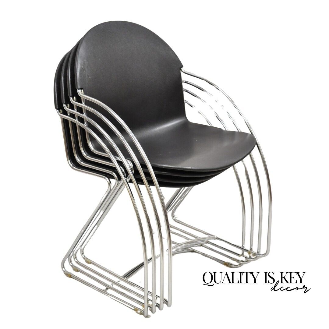 Steelcase Tom Grasman Chrome Frame Black Molded Plastic Stackable Chair Set of 4