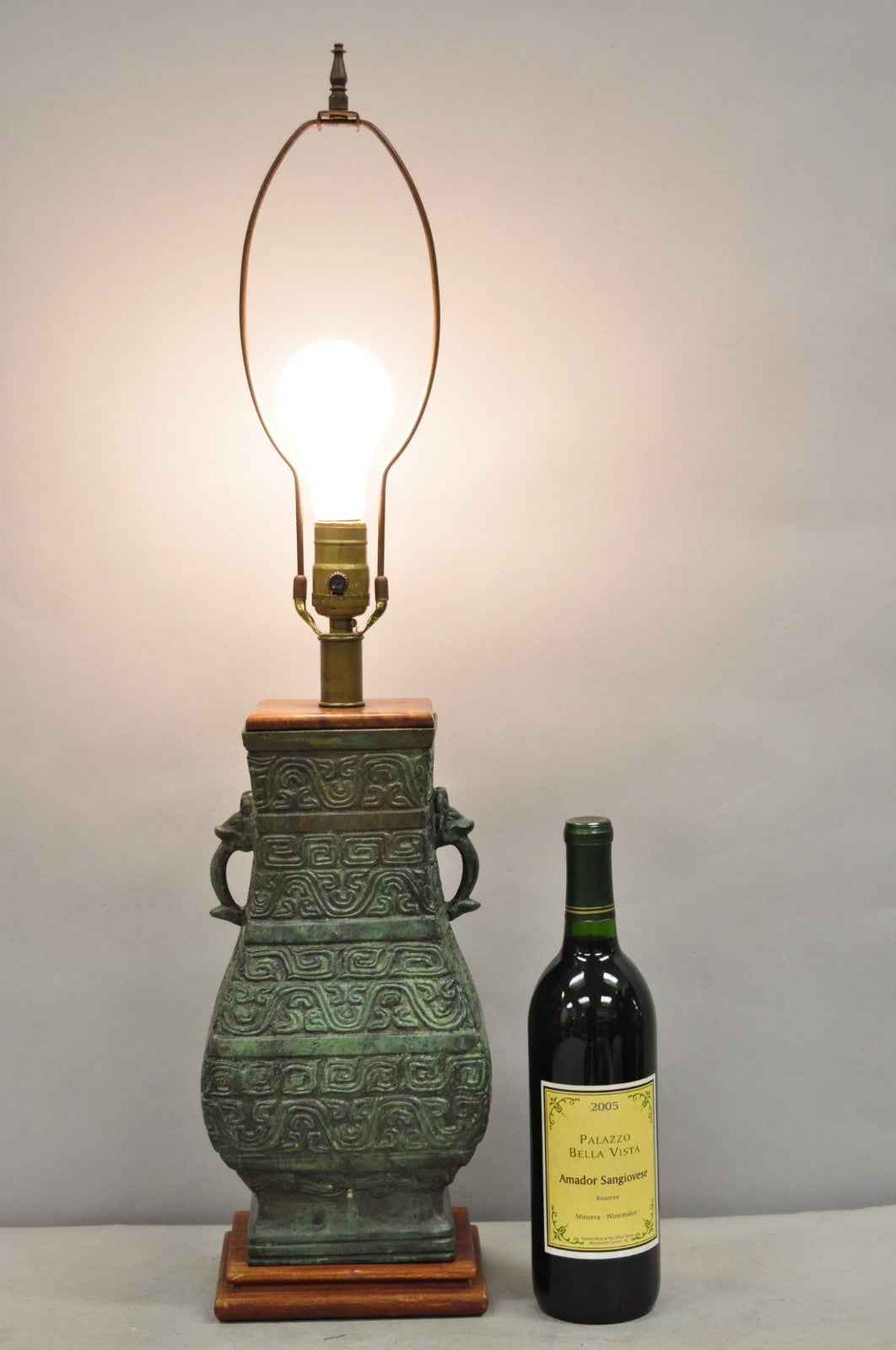 Vintage Oriental Verdigris Green Archaic Bronze Figural Chinese Table Lamp