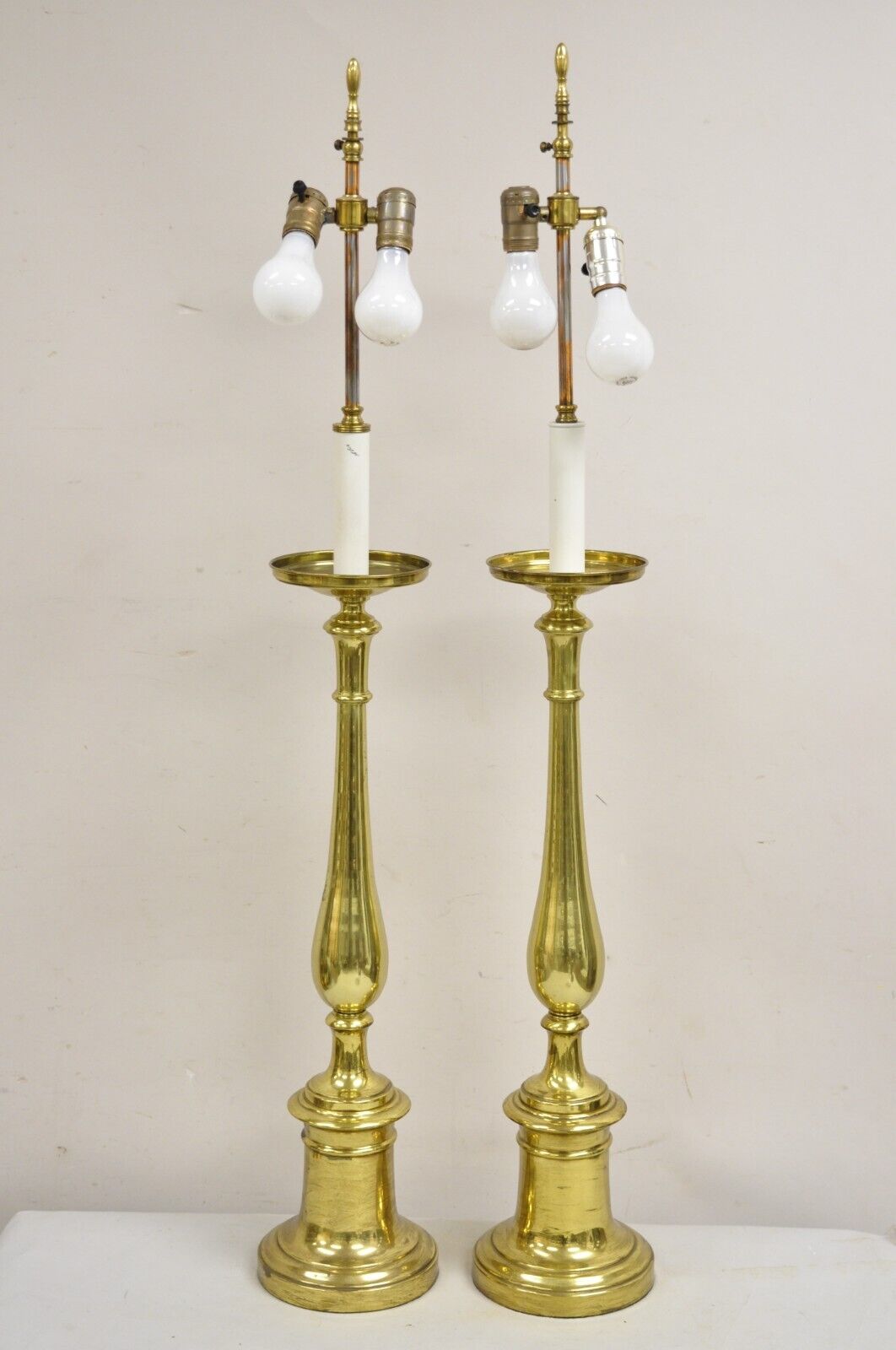 Vintage Hollywood Regency Tall Lacquered Brass Candlestick Table Lamps - a Pair
