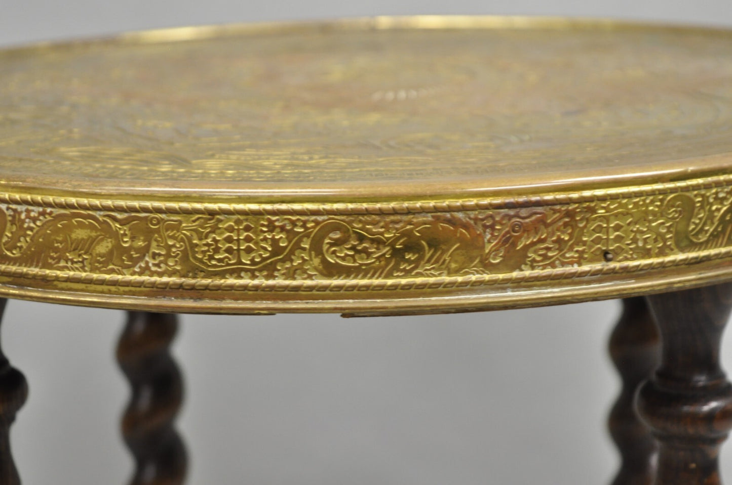 Antique Chinoiserie Oak Barley Twist Chinese Brass Dragon Side Table by Ferguson