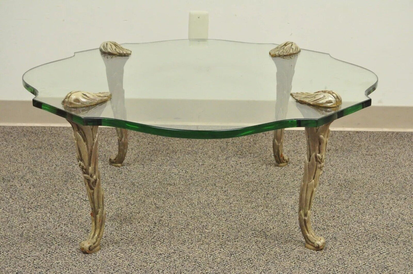 Vintage Hollywood Regency Carved Wood Faux Bois Legs Glass Top Coffee Table