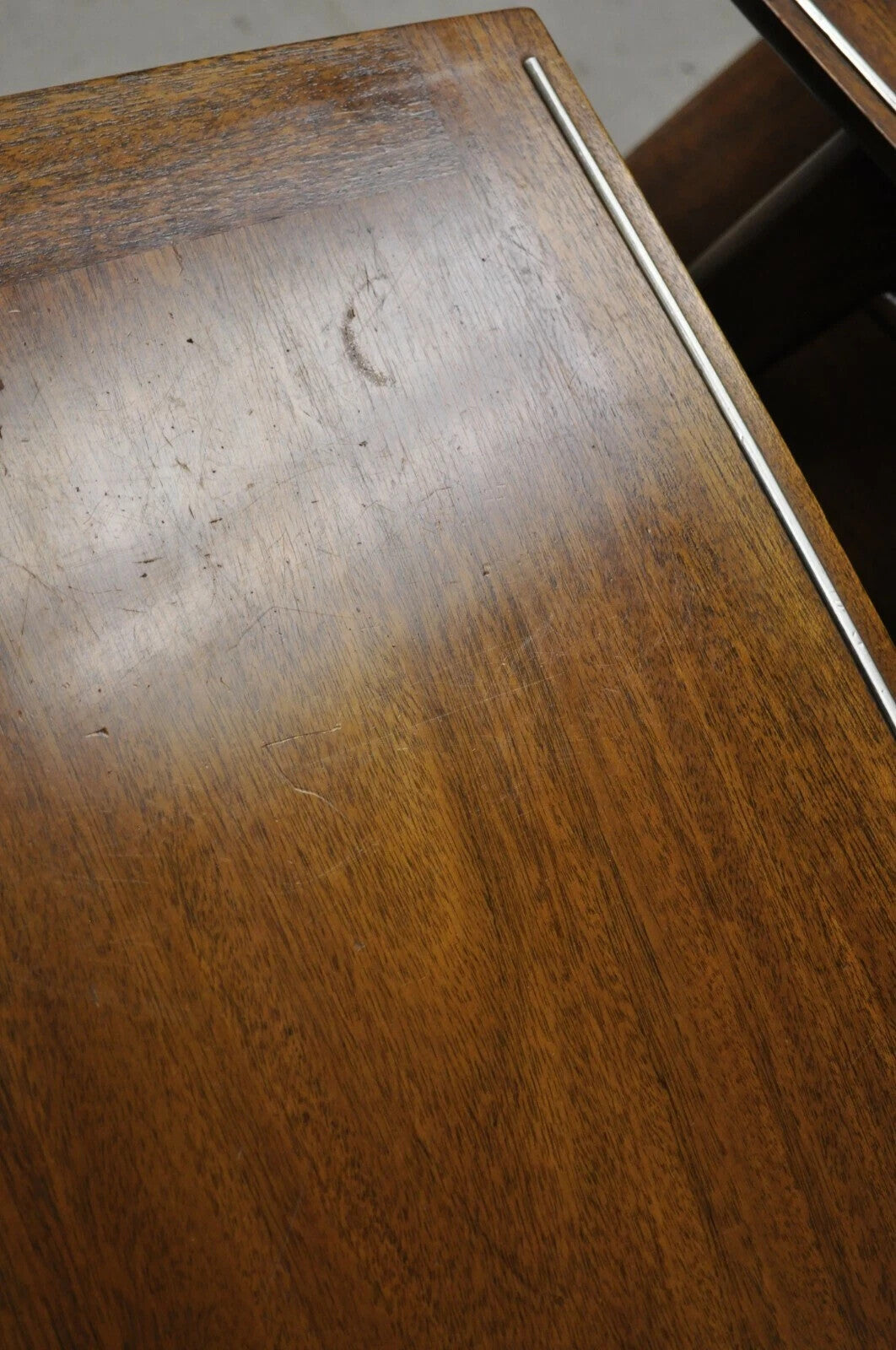 Vintage Mid Century Modern Sculpted Walnut 2 Tier End Tables w Brass Feet - Pair
