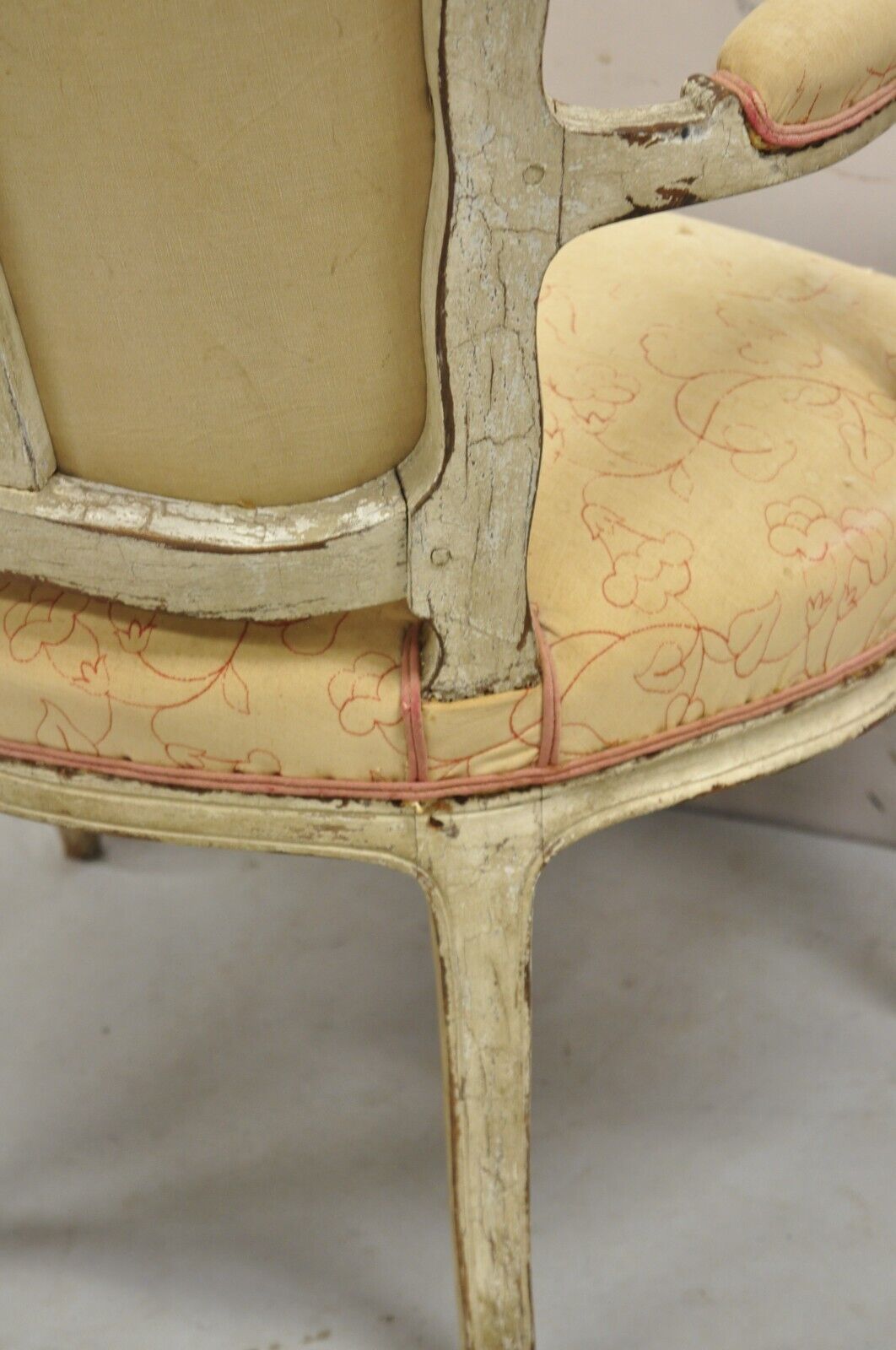 Antique French Louis XV Style Gustavian Cream Distress Painted Arm Chair