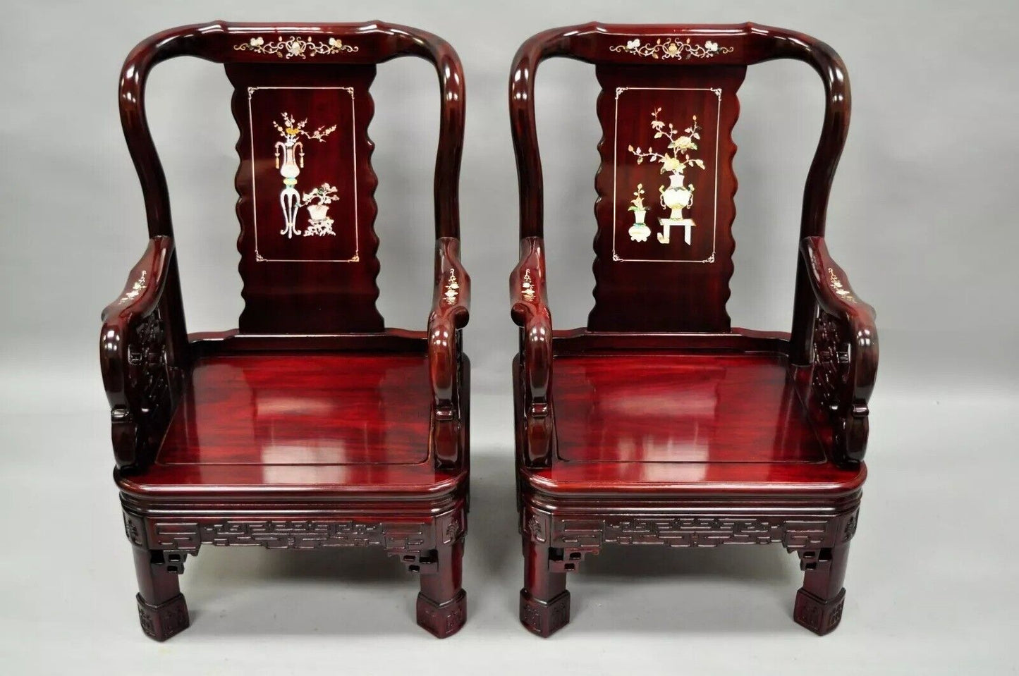 Vintage Oriental Chinese Carved Wood Throne Lounge Chairs w/ Pearl Inlay - Pair