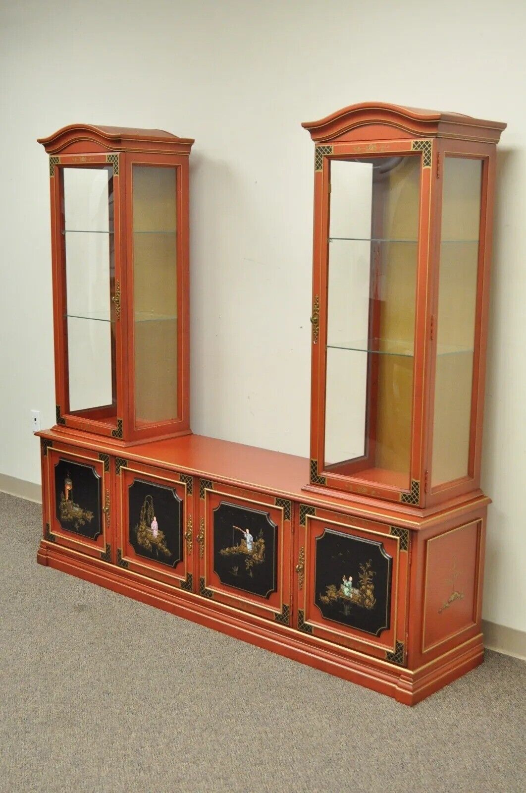 Vintage Jasper Oriental Chinoiserie Red Display China Cabinet Curio Credenza