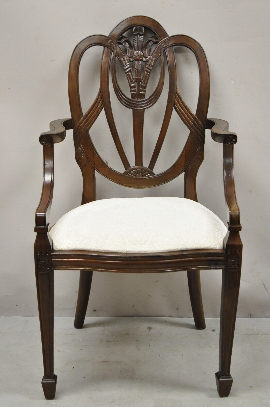 Mahogany Hepplewhite Style Prince of Wales Plume Carved Dining Arm Chair