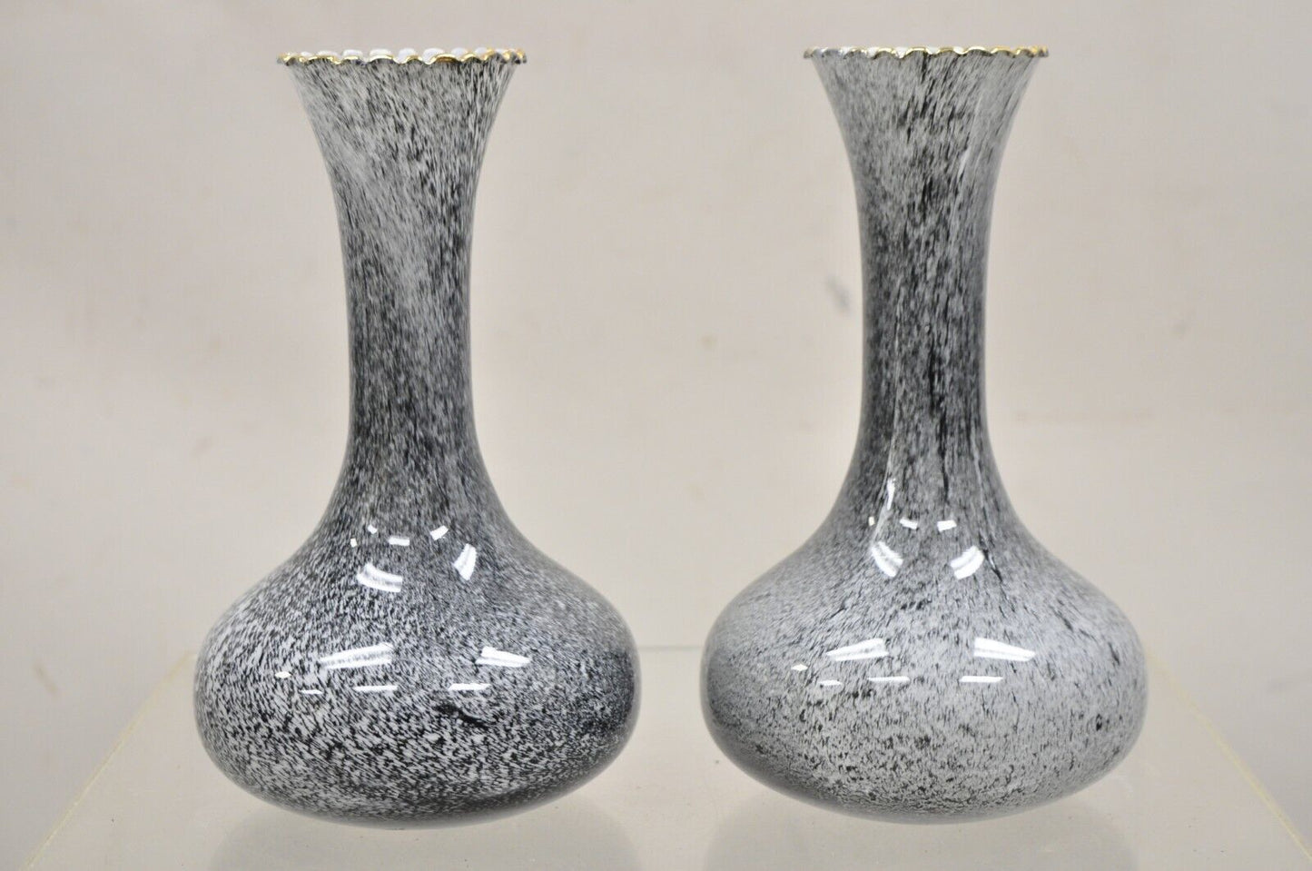 Vintage Mid Century Italian Modern Speckled Grey Glass Fluted 10" Vase - a Pair