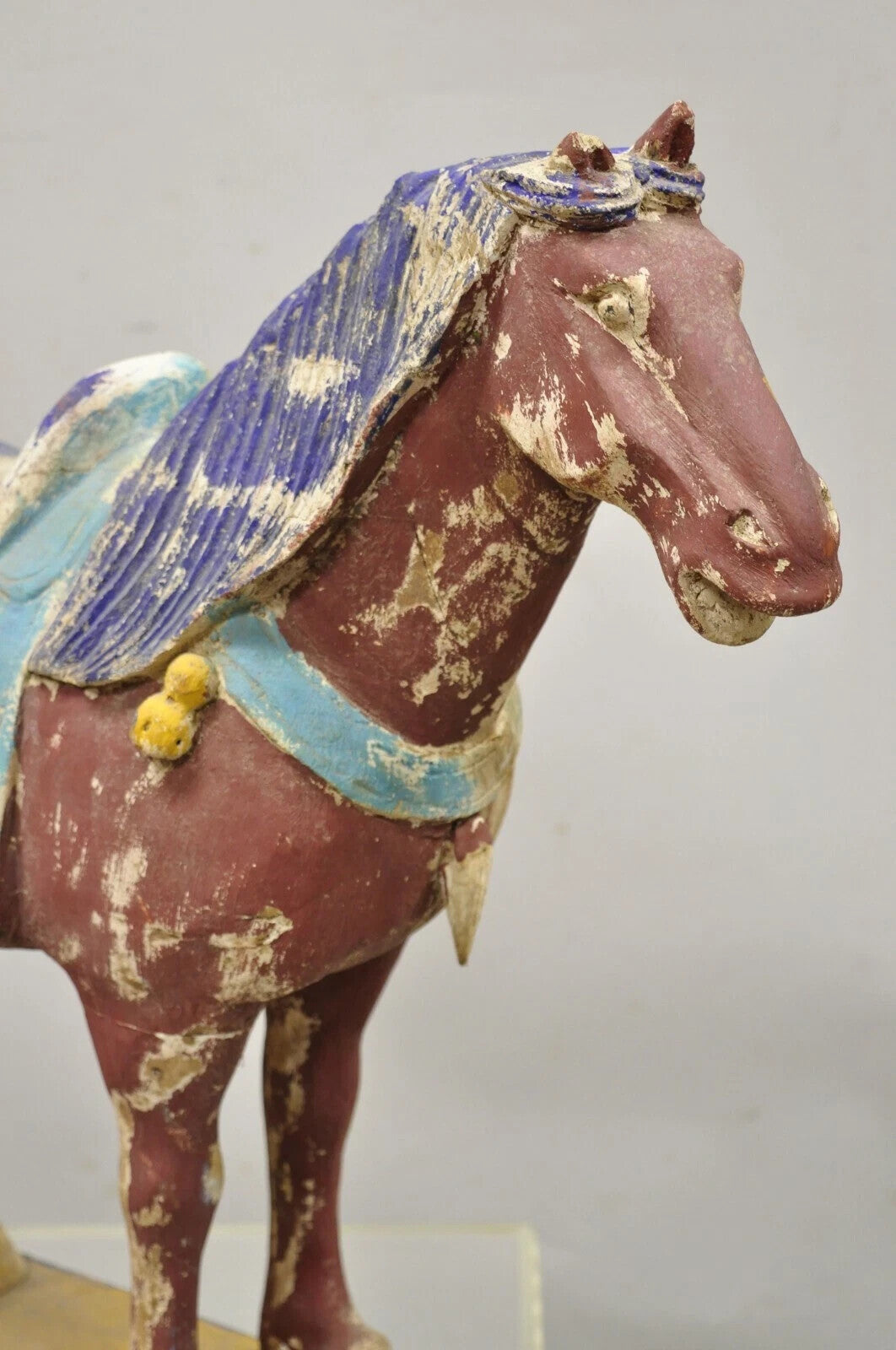 Chinese Polychrome Wooden Carved Wood 29" Tang Horse Sculpture Statue Red Figure