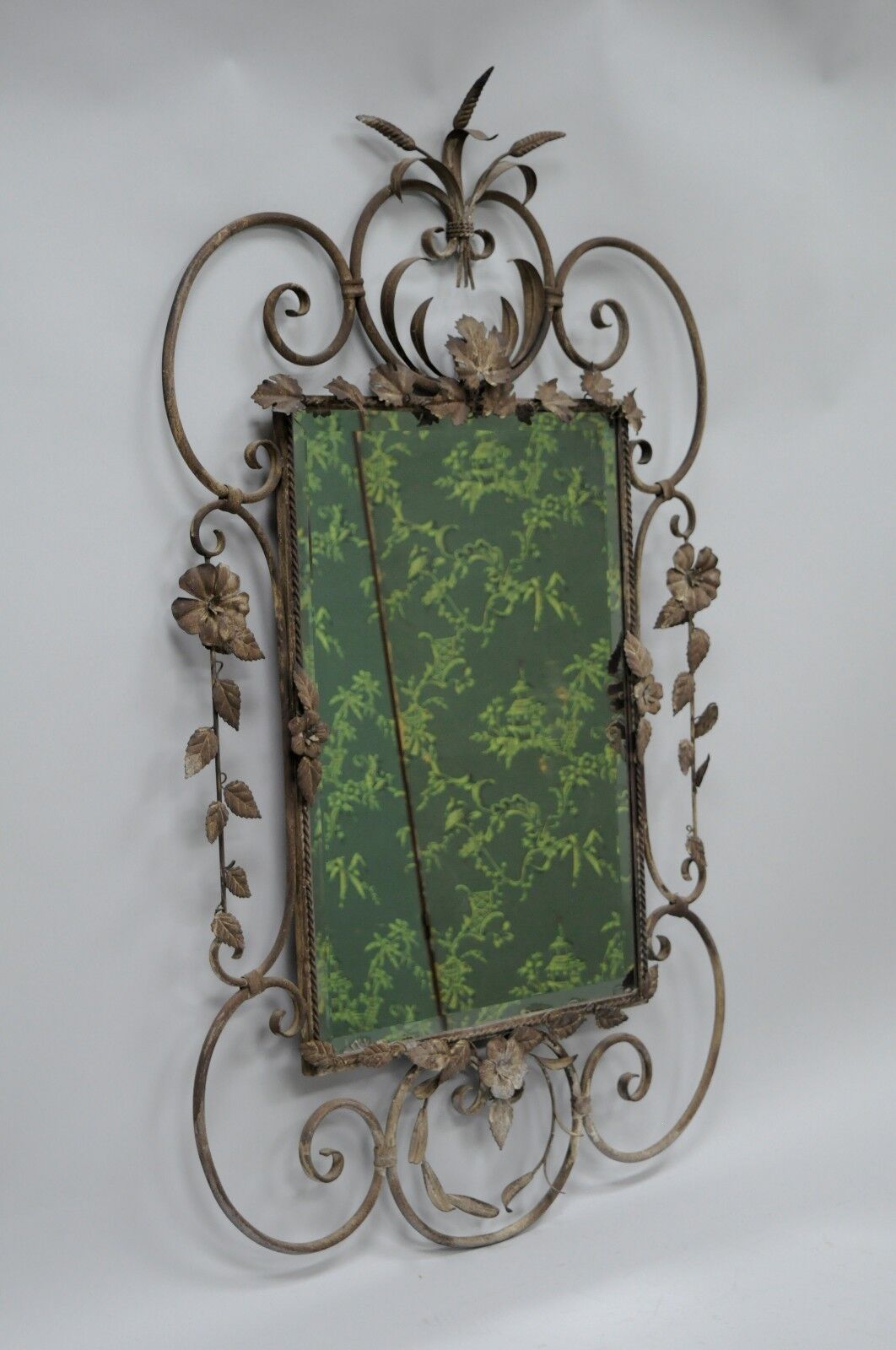 Italian Hollywood Regency Iron Tole Metal Wheat Sheaf Scroll Wall Mirror 50 x 31