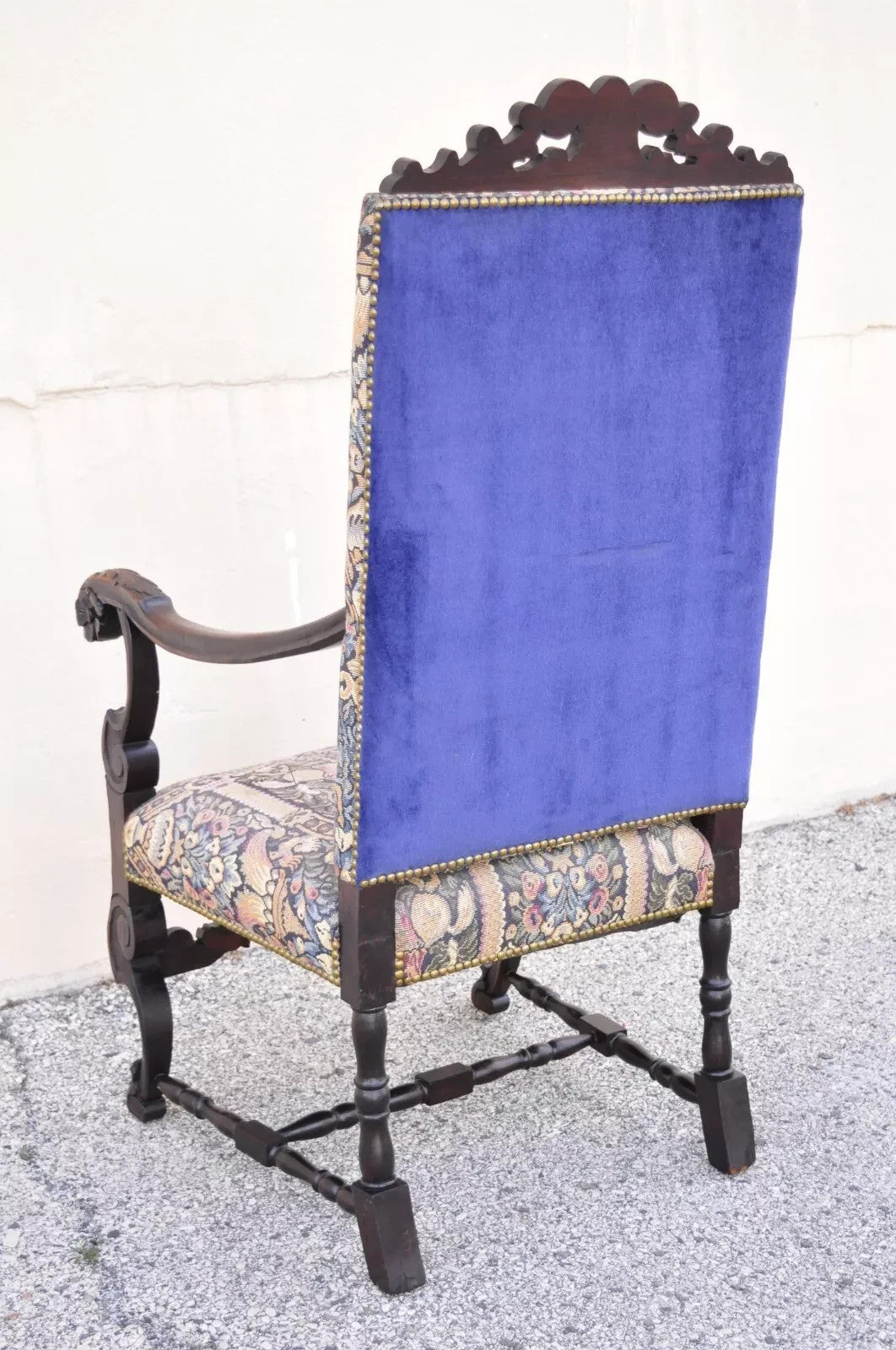 Antique Italian Renaissance Baroque Tapestry Carved Walnut Throne Arm Chair