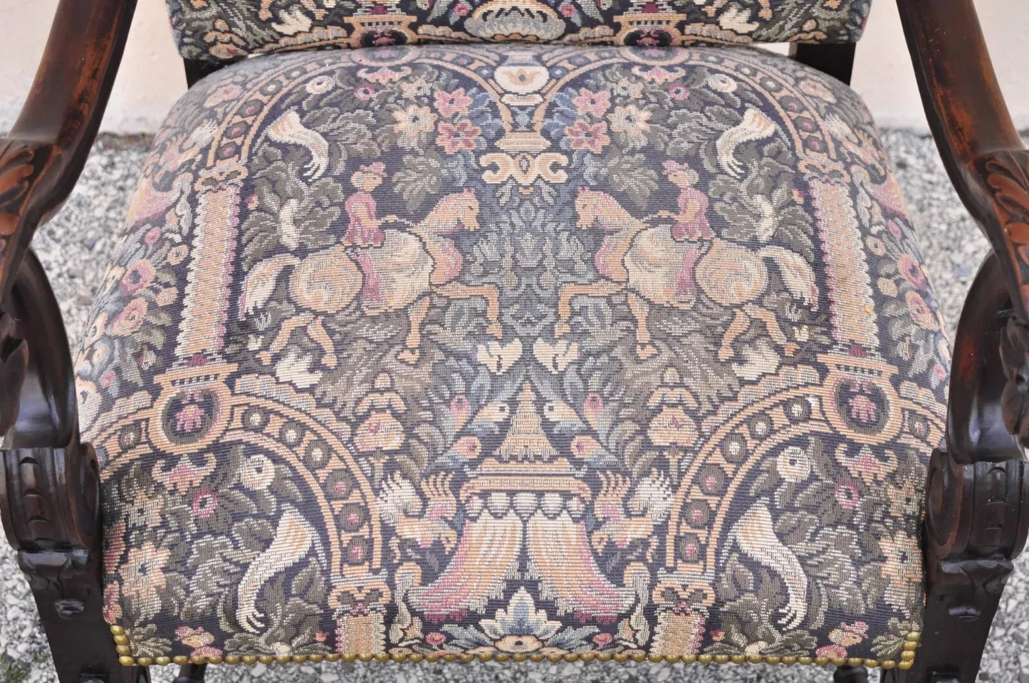 Antique Italian Renaissance Baroque Tapestry Carved Walnut Throne Arm Chair