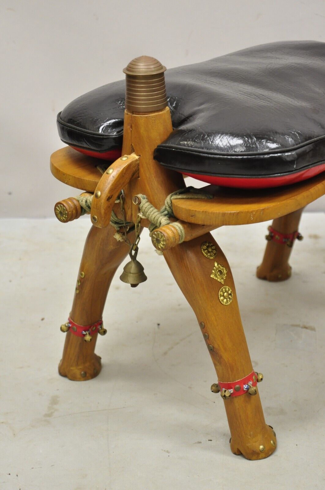 Vintage Camel Saddle Stools Carved Wood Black/Red Cushions - a Pair
