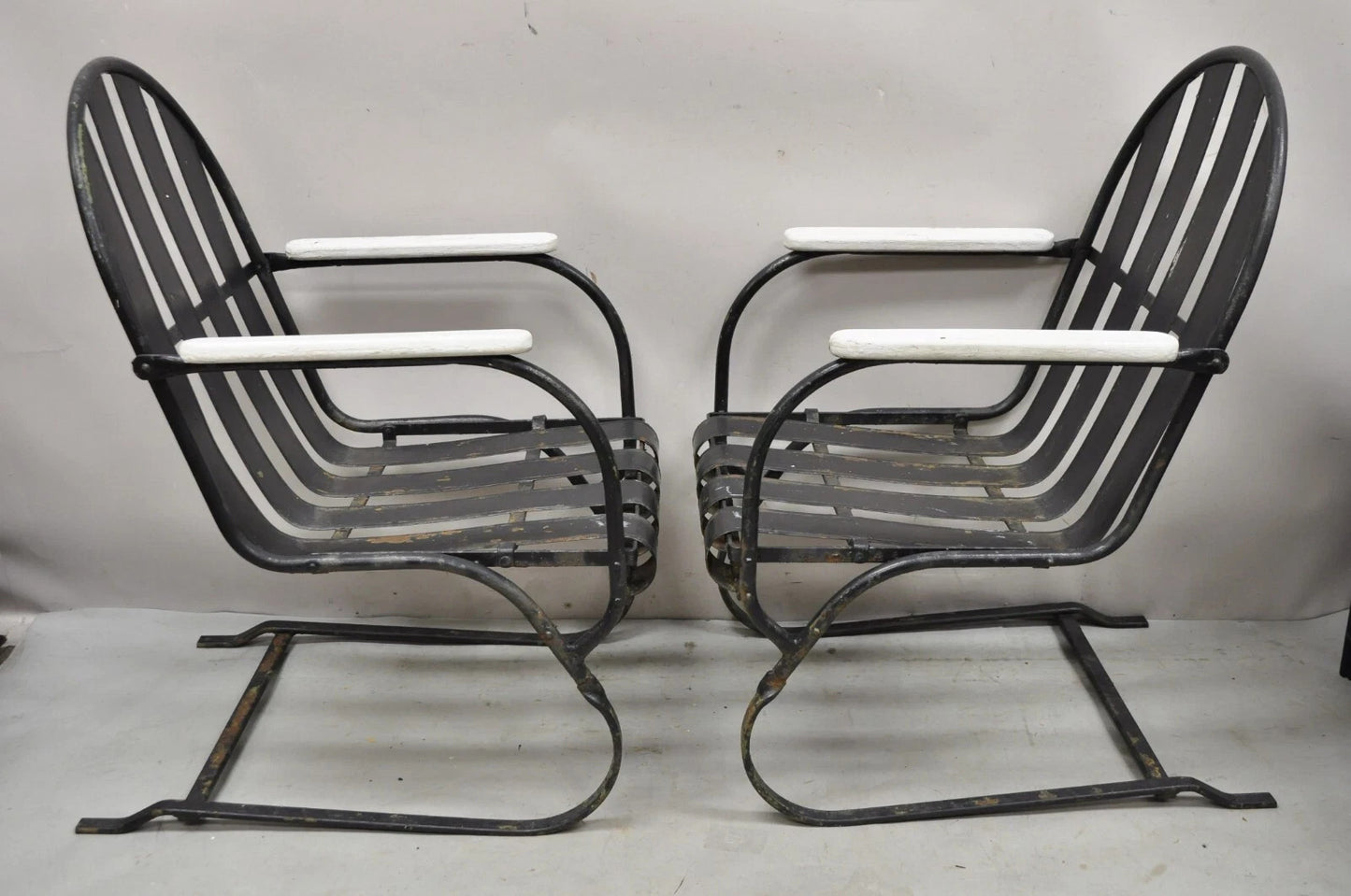 Vintage Art Deco Black and White Steel Metal Strap Patio Bouncer Chairs - a Pair