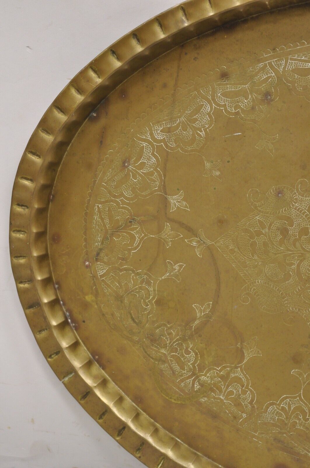 Vintage Moroccan Middle Eastern Solid Brass Large Oval Engraved 42" Tray Top