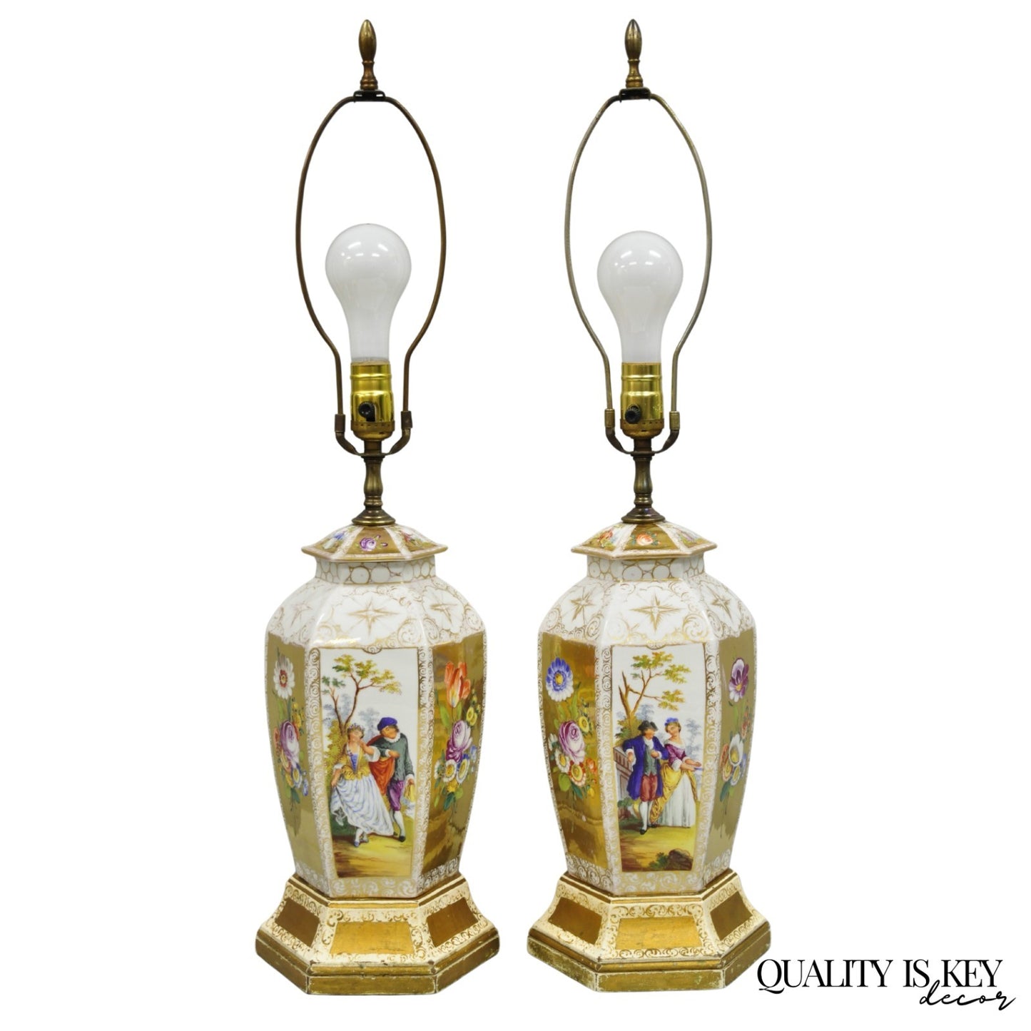 Antique French Victorian Hand Painted Gold Gilt Ginger Jar Table Lamps - a Pair