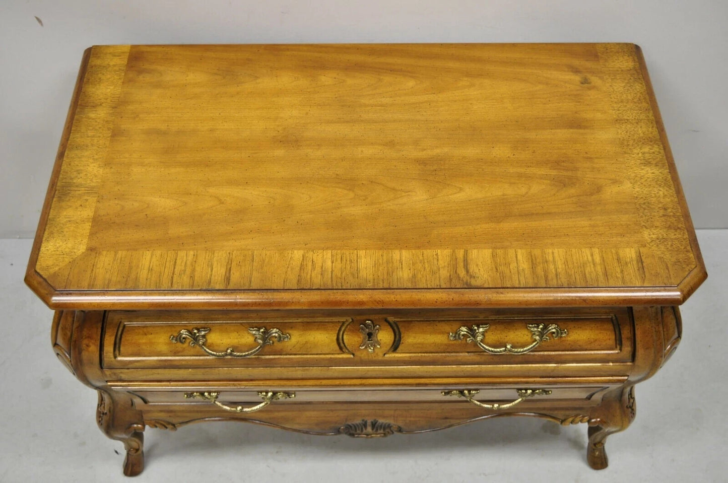 Drexel Heritage French Provincial Fruitwood Bombe Low Commode Nightstand Chest
