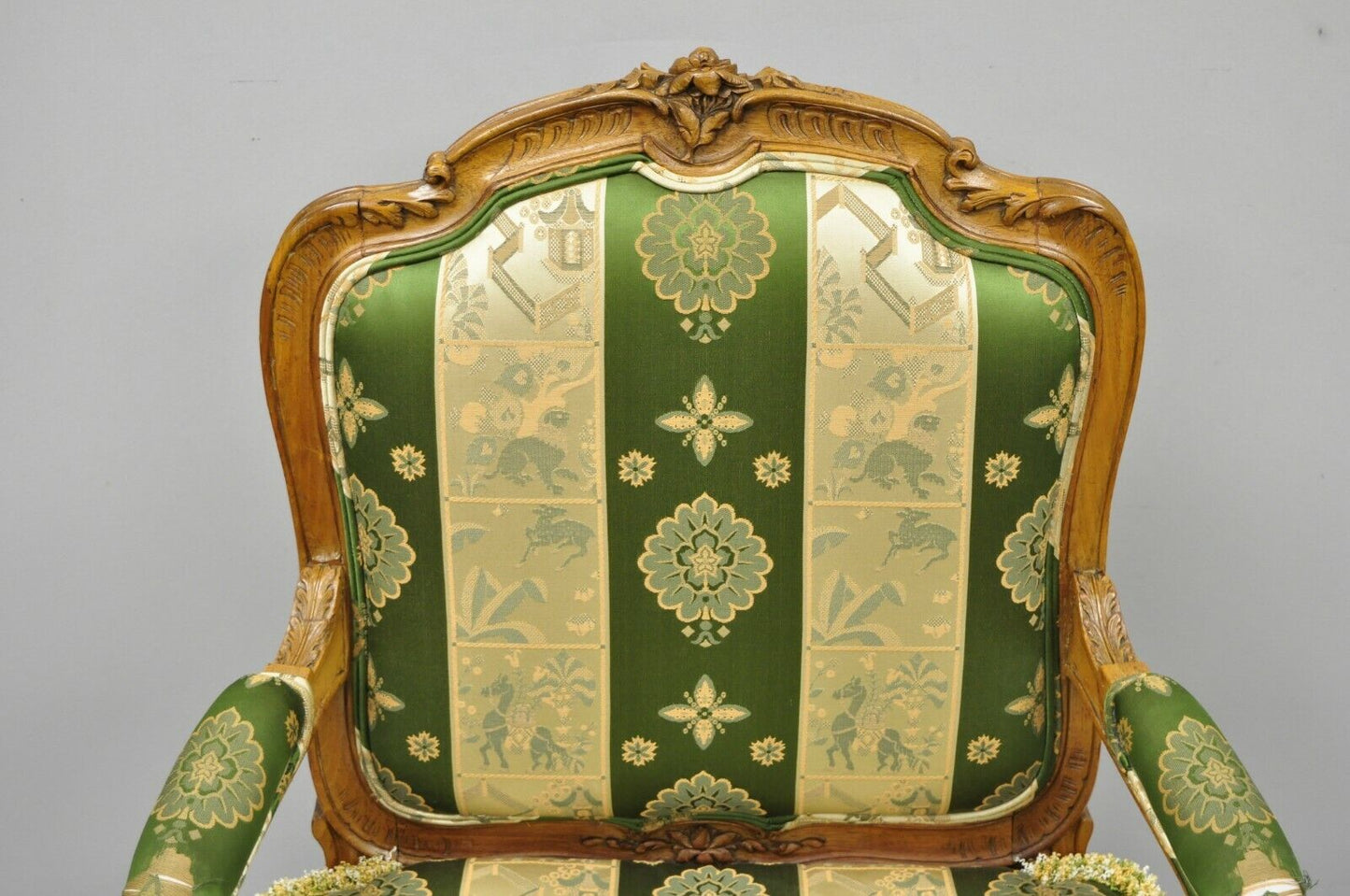 Antique French Louis XV Style Green & Gold Walnut Fauteuil Arm Chairs - a Pair