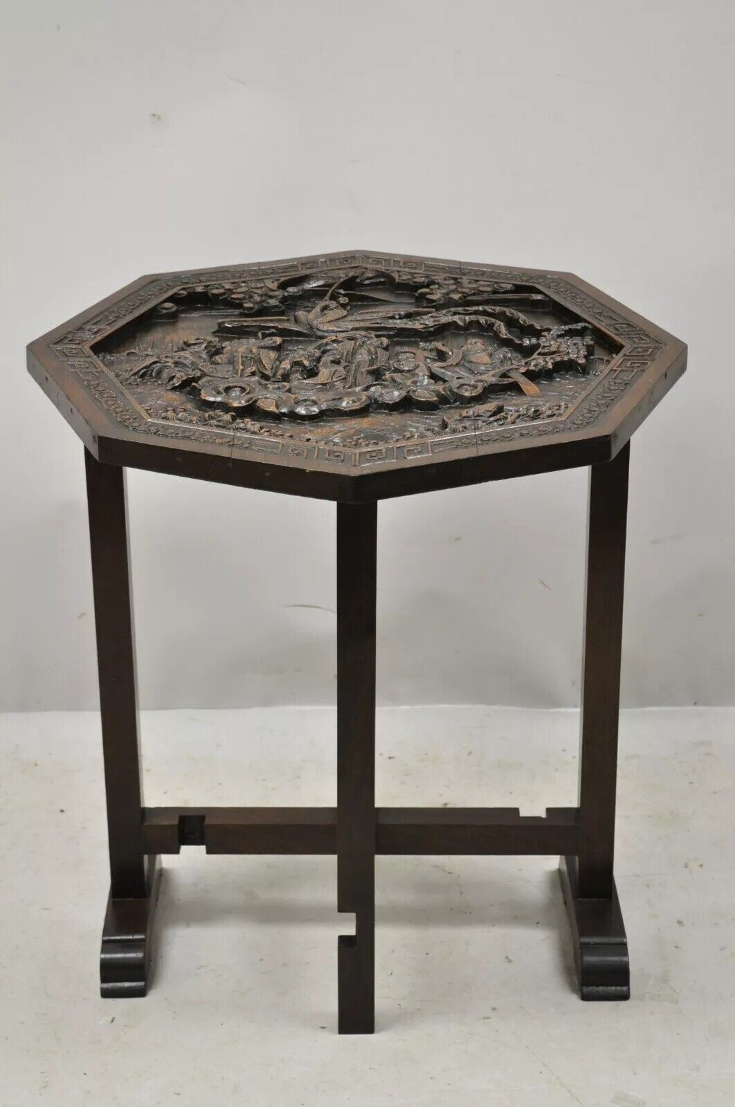 Antique Chinese Carved Hardwood Folding Gate Leg Table with Figural Carvings