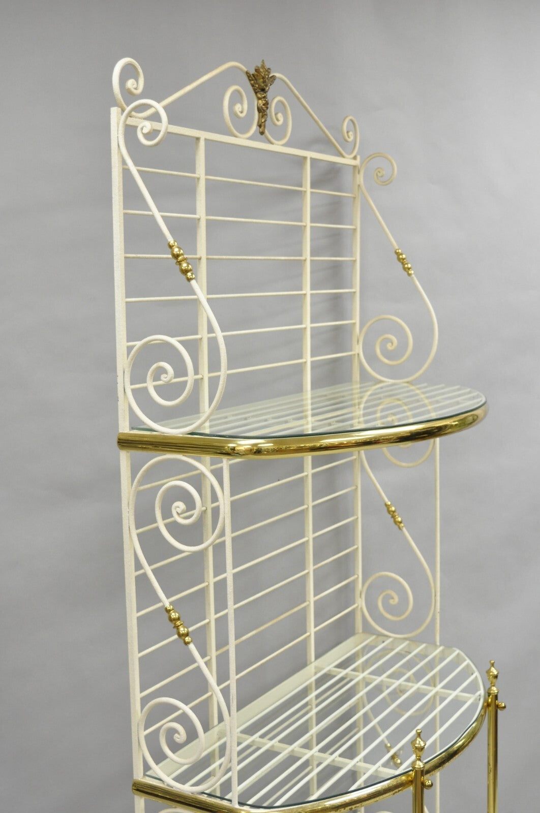 Vintage French Country White Wrought Iron & Brass 3 Tier Pastry Bakers Rack