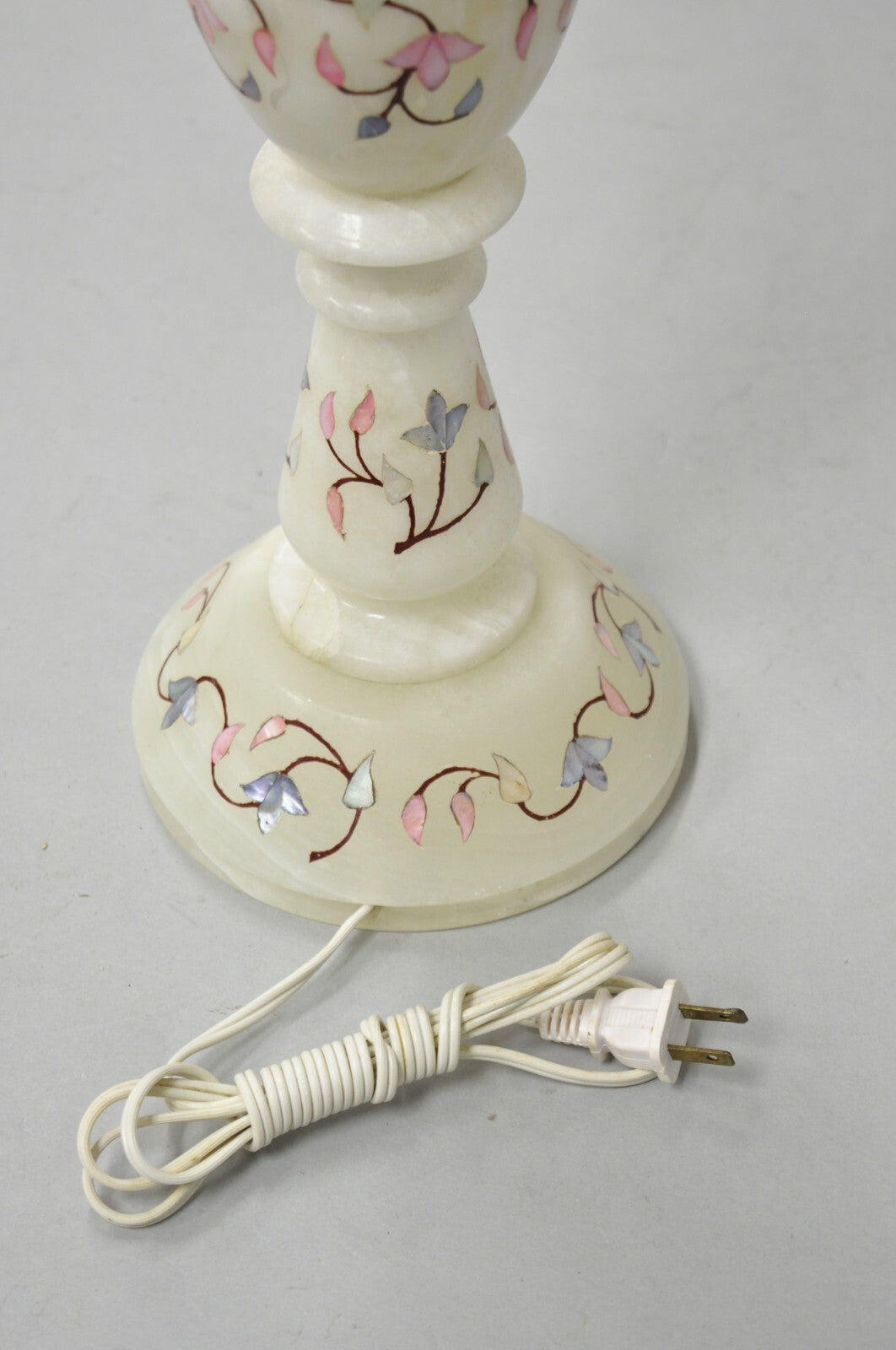 Vintage Italian Hollywood Regency Alabaster Table Lamp w/ Stone Floral Inlay