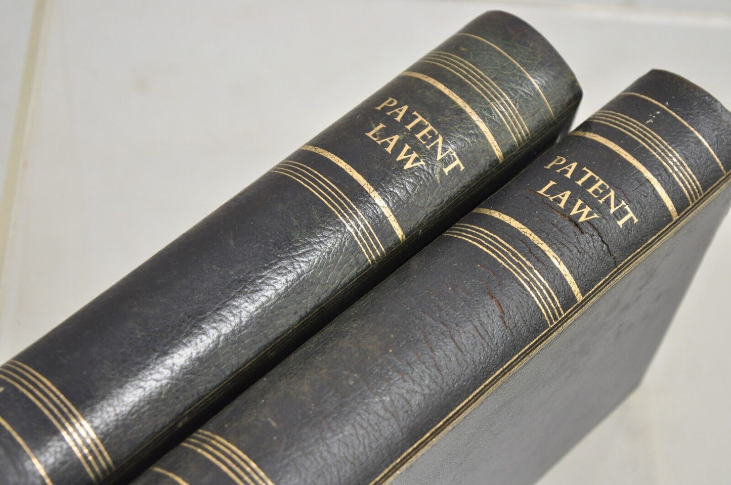 Vintage Italian Green Leather Bound "Patent Law" Faux Book Bookends (C) - Pair