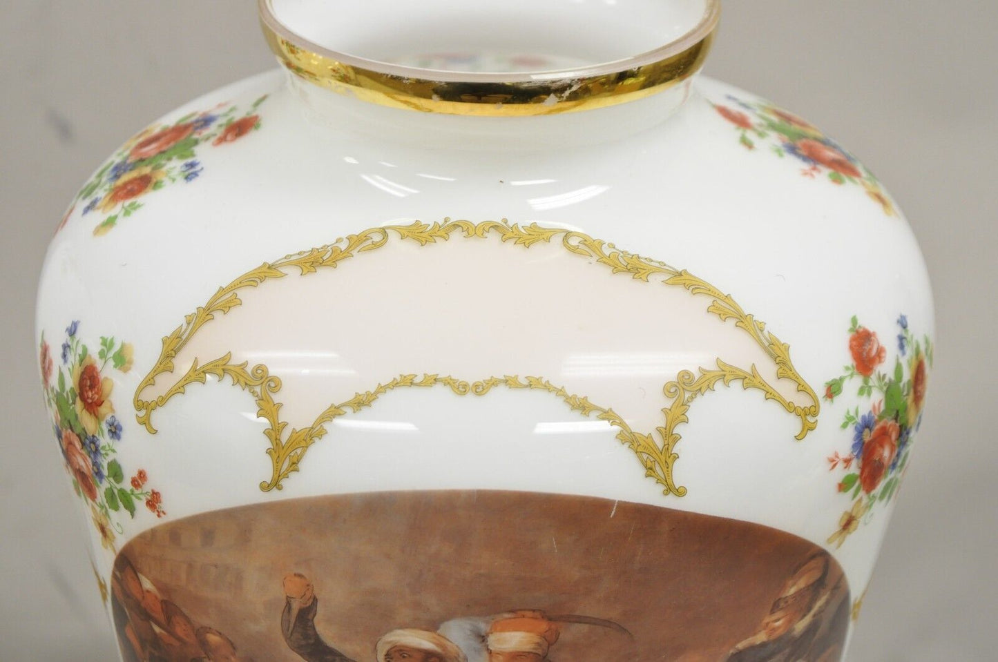 Vintage French Style Large White Blown Glass Transfer Scene Jar Vases - a Pair