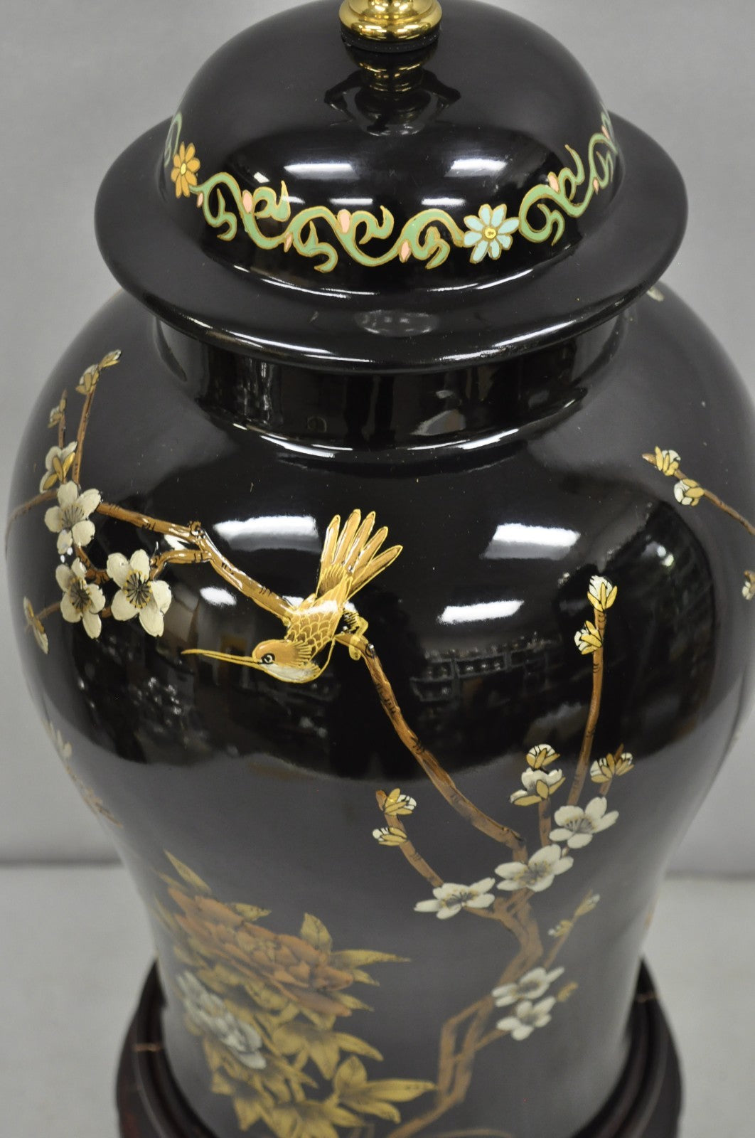 Vintage Chinoiserie Oriental Chinese Black Porcelain Large Ginger Jar Table Lamp