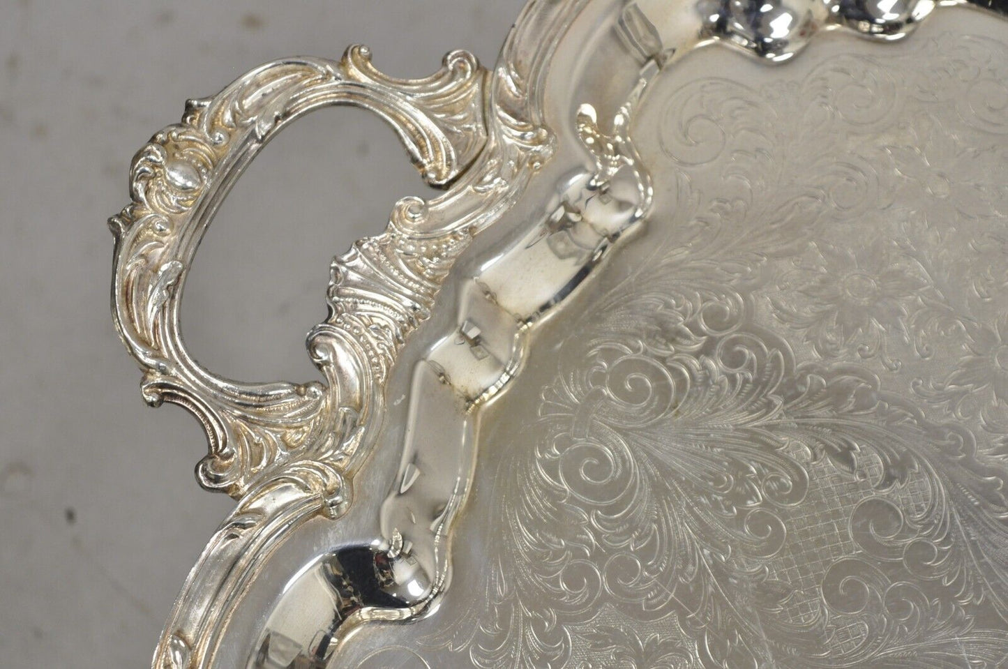 Vintage English Silver Mfg Corp Large Silver Plated Etched Platter Tray