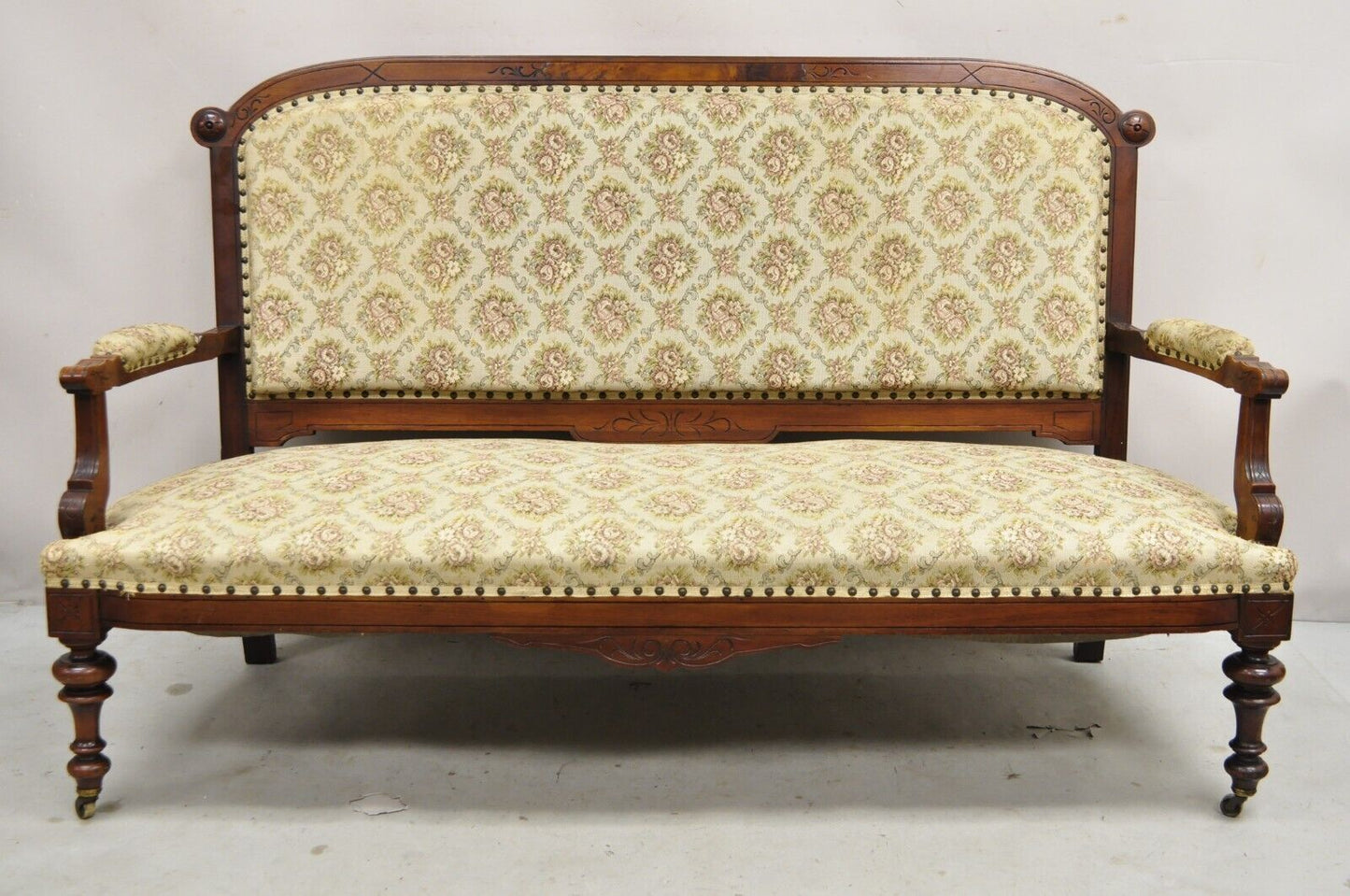 Antique Eastlake Victorian Carved Walnut Floral Upholstered Parlor Sofa Loveseat