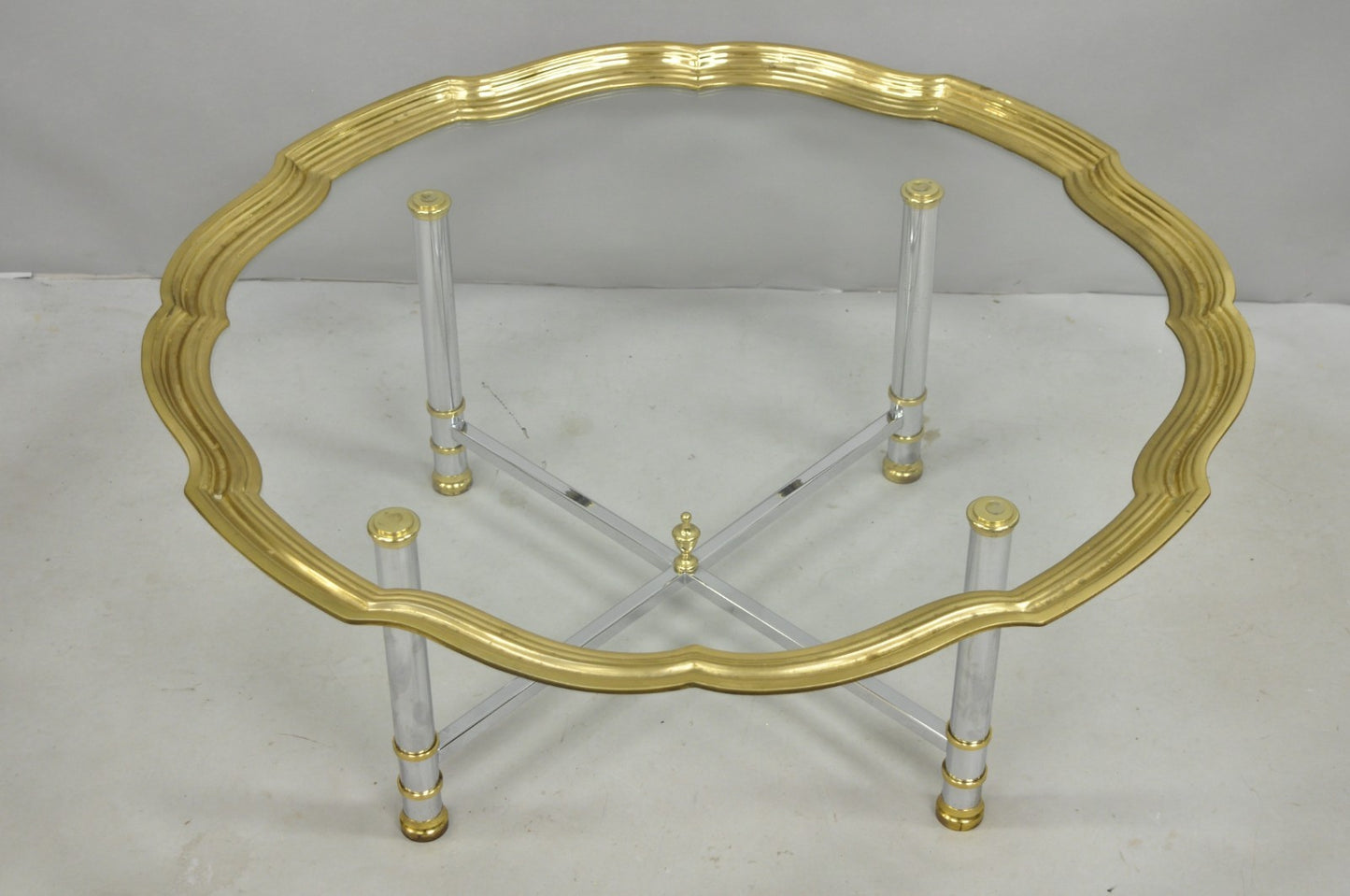 Vintage Maison Jansen Style Steel & Brass Scalloped Glass Tray Top Coffee Table