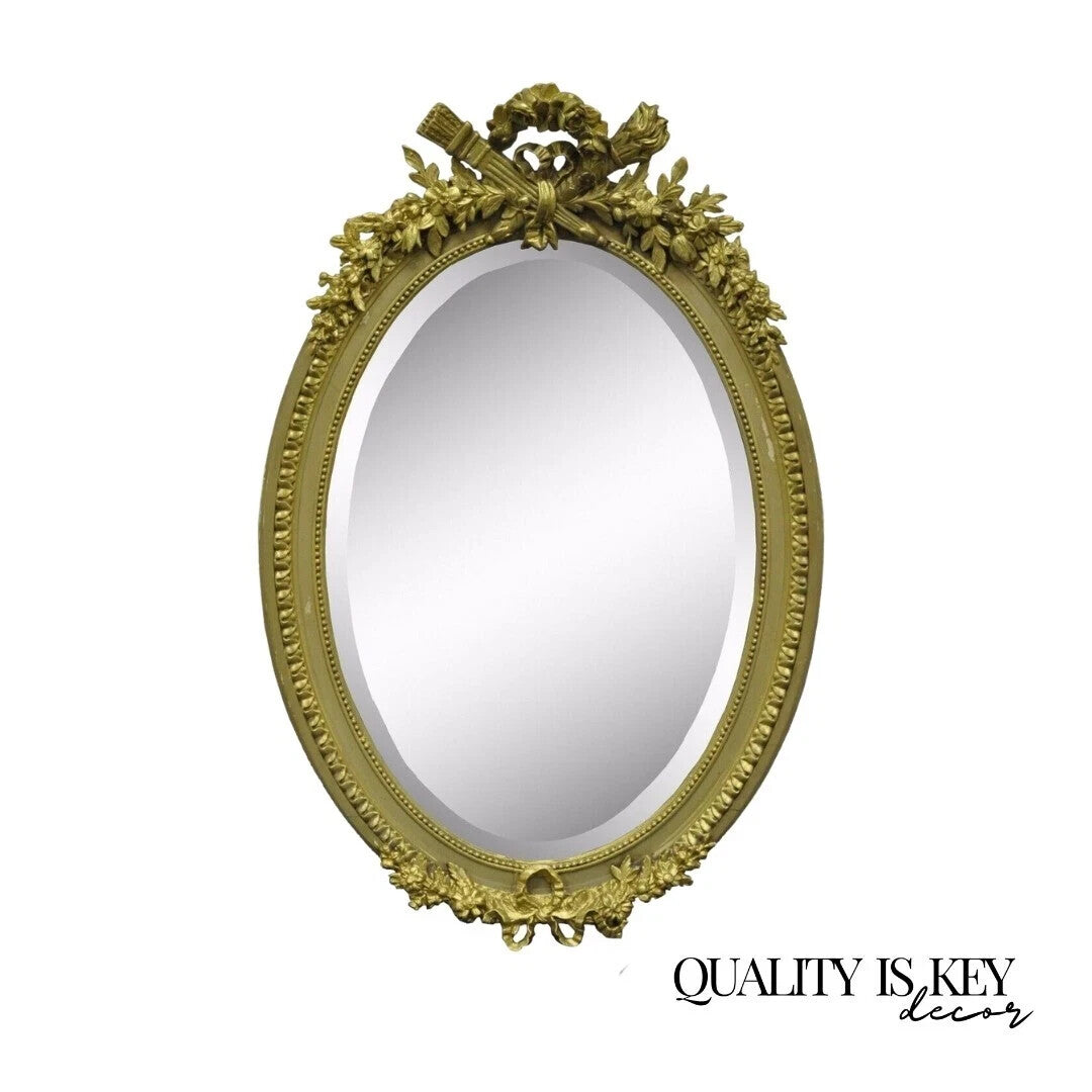 Antique French Louis XVI Style Gold Gilt Torch Flame Gesso Oval Wall Mirror