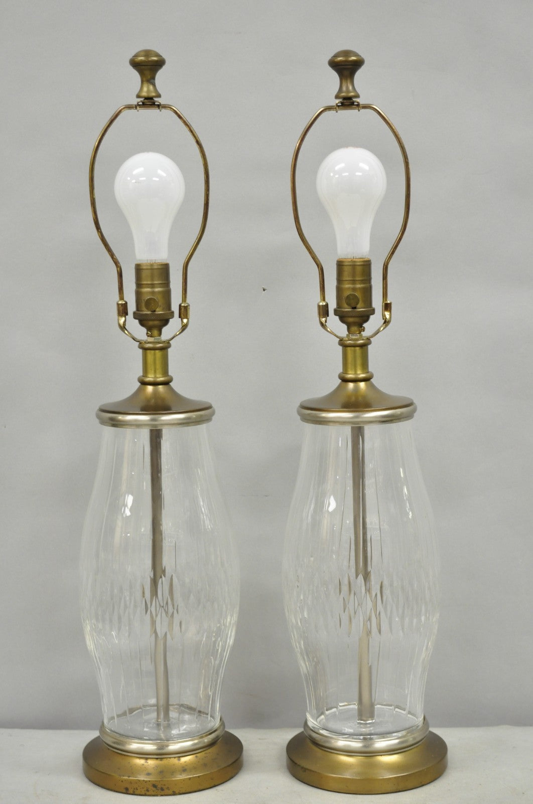 Vintage Bombay Co. Cut Crystal Glass Jardiniere & Brass Table Lamps - a Pair