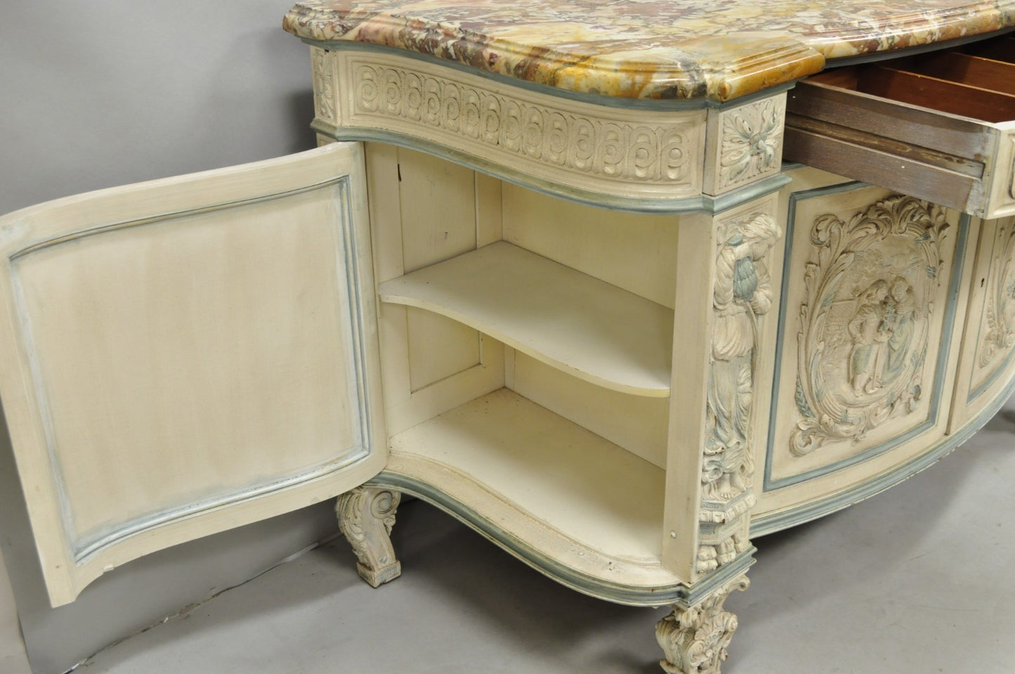 French Renaissance White Blue Painted Figural Carved Marble Top Buffet Commode