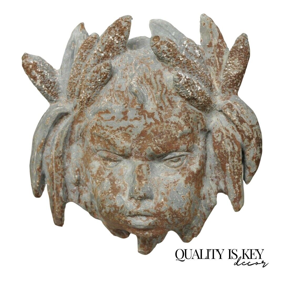 Antique French Neoclassical Small Lead Cherub Head Wall Fountain Garden Art