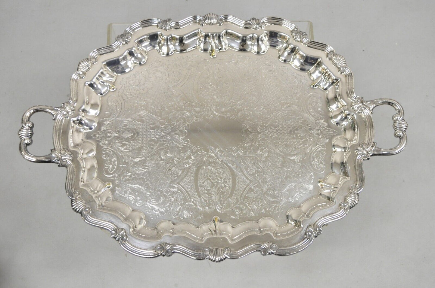 Vintage Lunt Baroque Style Silver Plated Ornate Twin Handle Serving Platter Tray
