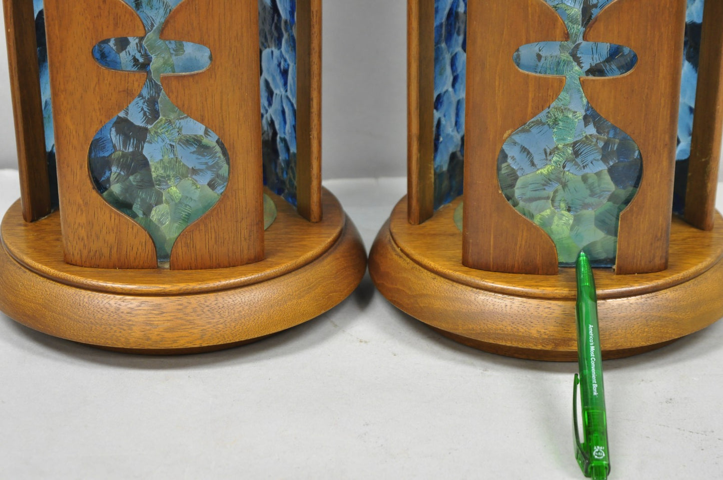 Vintage Modeline Mid Century Modern Walnut & Blue Stained Glass Table Lamps Pair