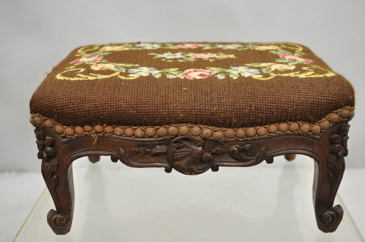French Country Louis XV Carved Walnut Needlepoint Petite Footstool Ottoman