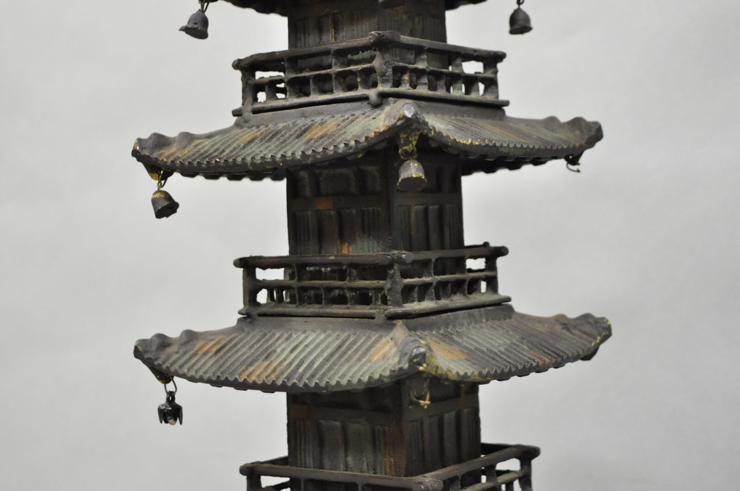 Vintage Chinoiserie Cast Iron Chinese Buddhist Pagoda Temple Table Lamp