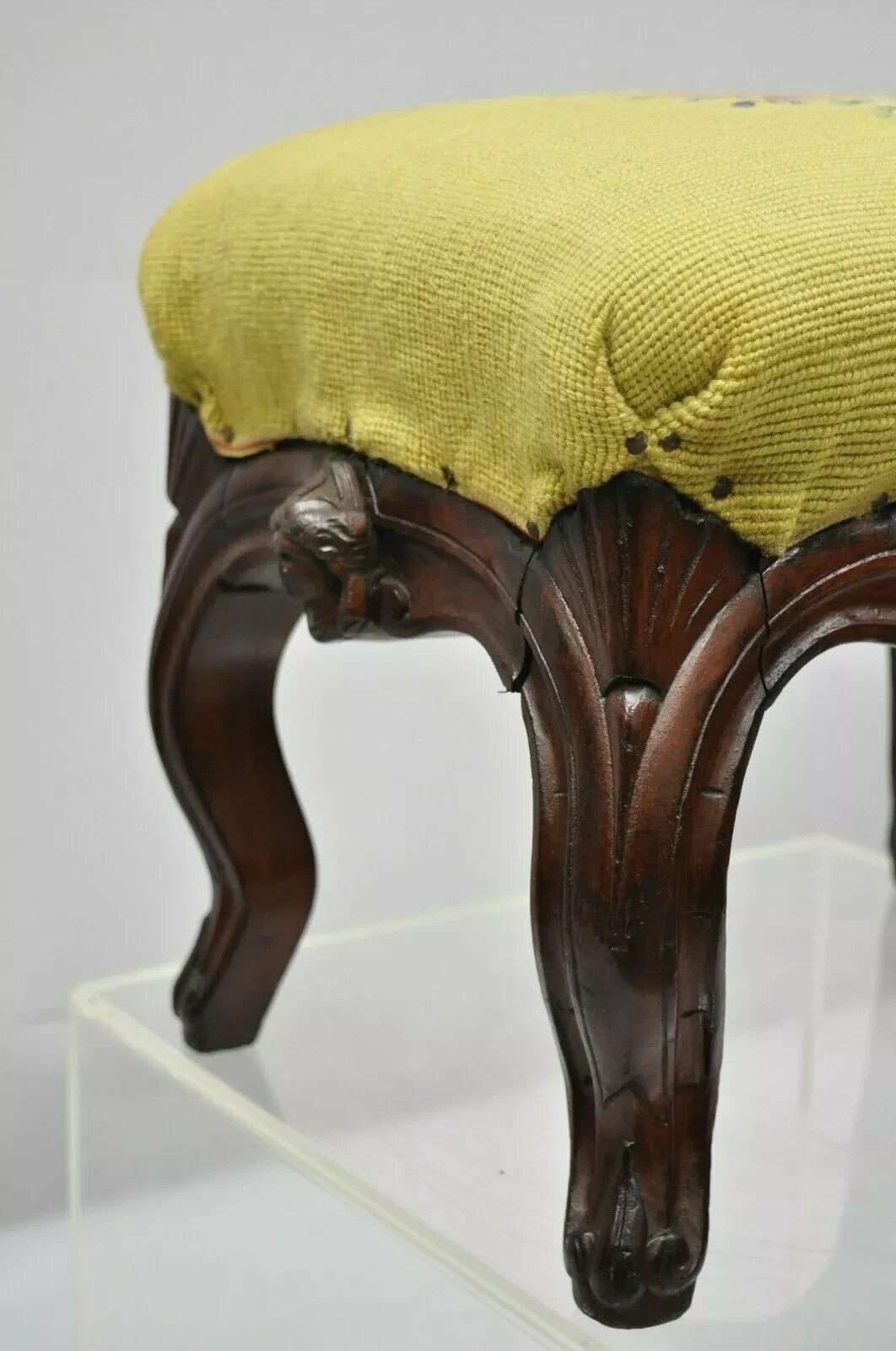 Antique Victorian Walnut Figural Lion Female Face Needlepoint Footstool Ottoman