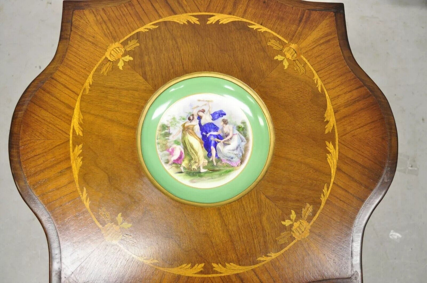 Antique French Louis XV Walnut Coffee Table w/ Angelica Kauffman Porcelain Dish