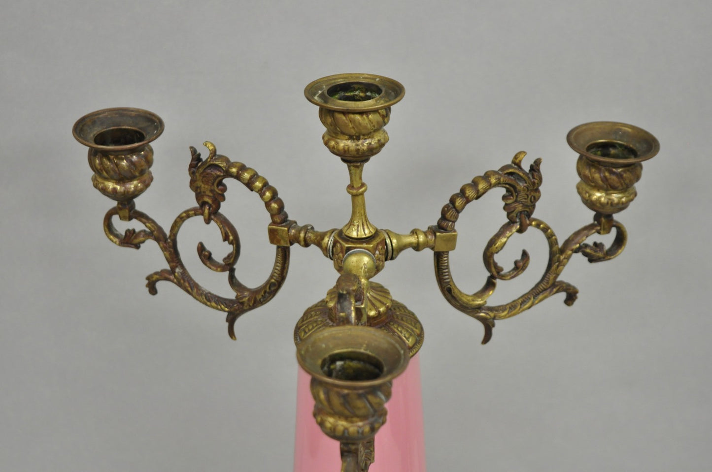 French Renaissance Art Nouveau Bronze 4 Candle Pink Glass Column Candelabra