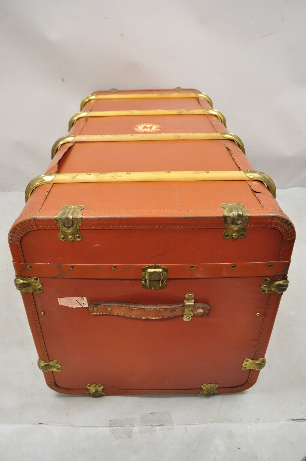 Antique Wooden Band Large Steamer Trunk Orange Ship Trunk Cunard Line Decals