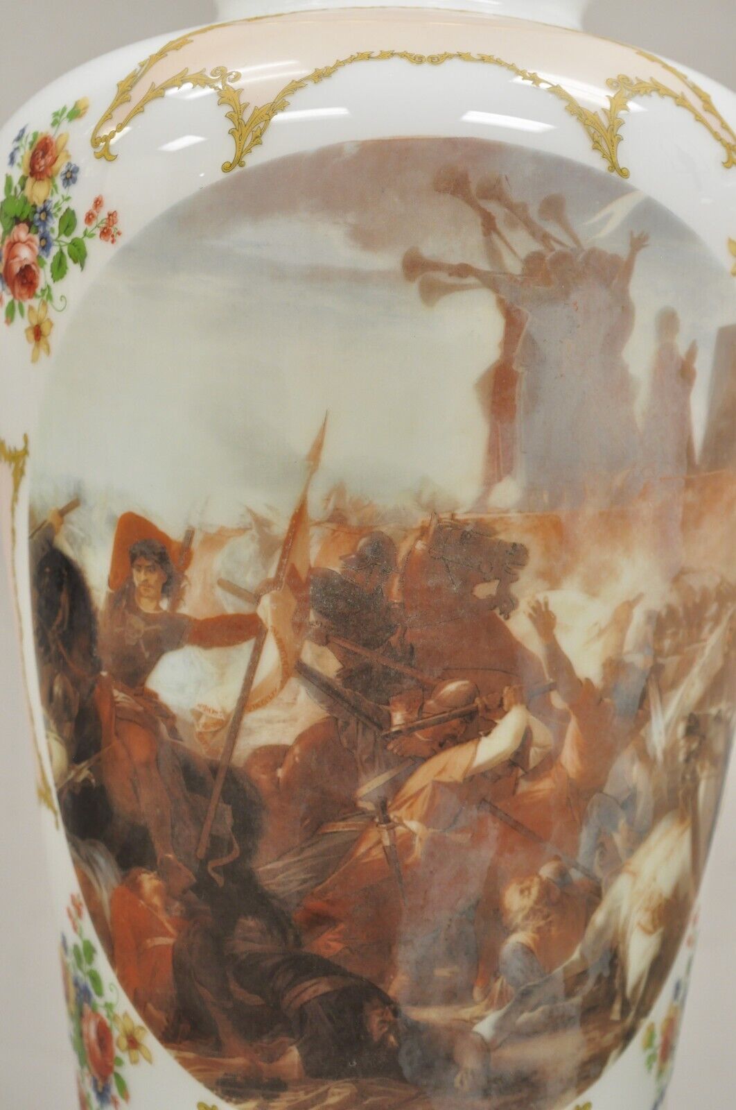 Vintage French Style Large White Blown Glass Transfer Scene Jar Vases - a Pair