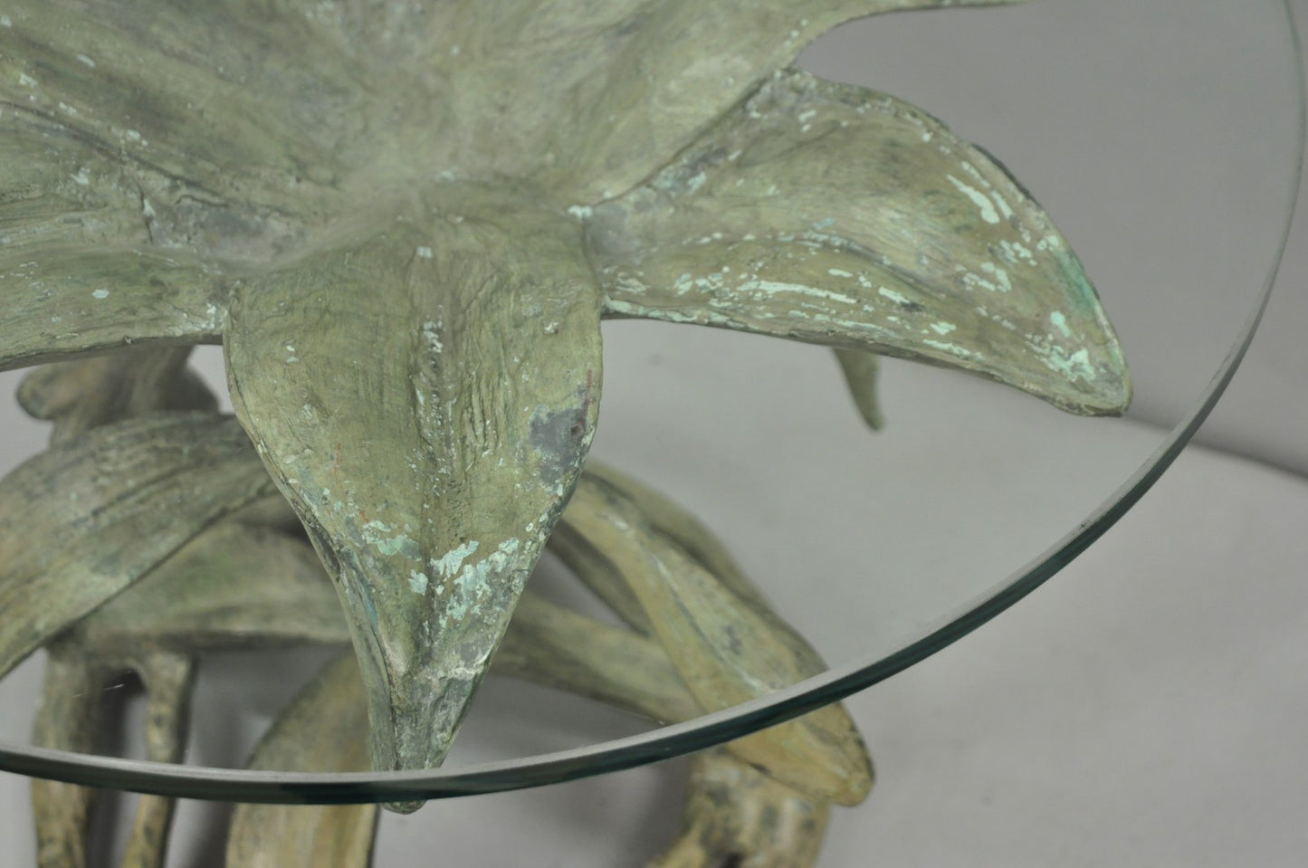 Vintage Arthur Court Green Verdigris Gilt Bronze & Glass Lily Flower Side Table
